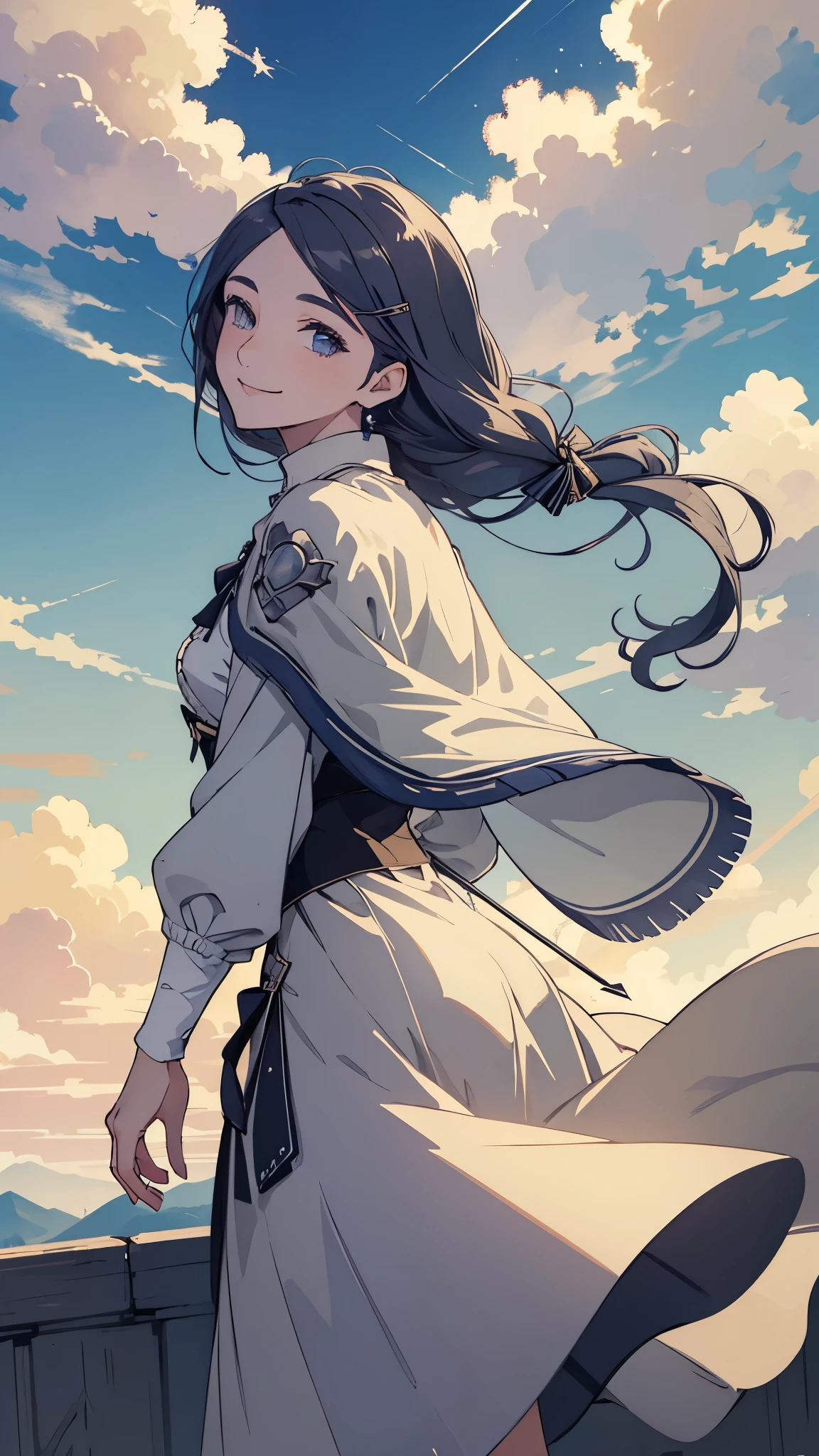 masterpiece, best quality, shawl, Hairpin,shirt,skirt, Sky, cloud, outdoor, Smile, Atmospheric perspective,Fashion pose，Mature and elegant elder sister，only one person