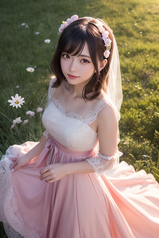 1girl, tayror swift, (pink long dress), (sheer ruffle dress), smile, frilly ribbon on head, A shining veil made of particles of light on head, japanese idol, in the field many flowers, masterpiece, high quality, beautiful, 4k, beautiful detailed, glow, multiple color hair, from above, depth of field, light particles, HDR, Rembrandt lighting, colorful refraction, lens flare, bloom, film Reflection, colorful refraction, chromatic aberration, light diffusion