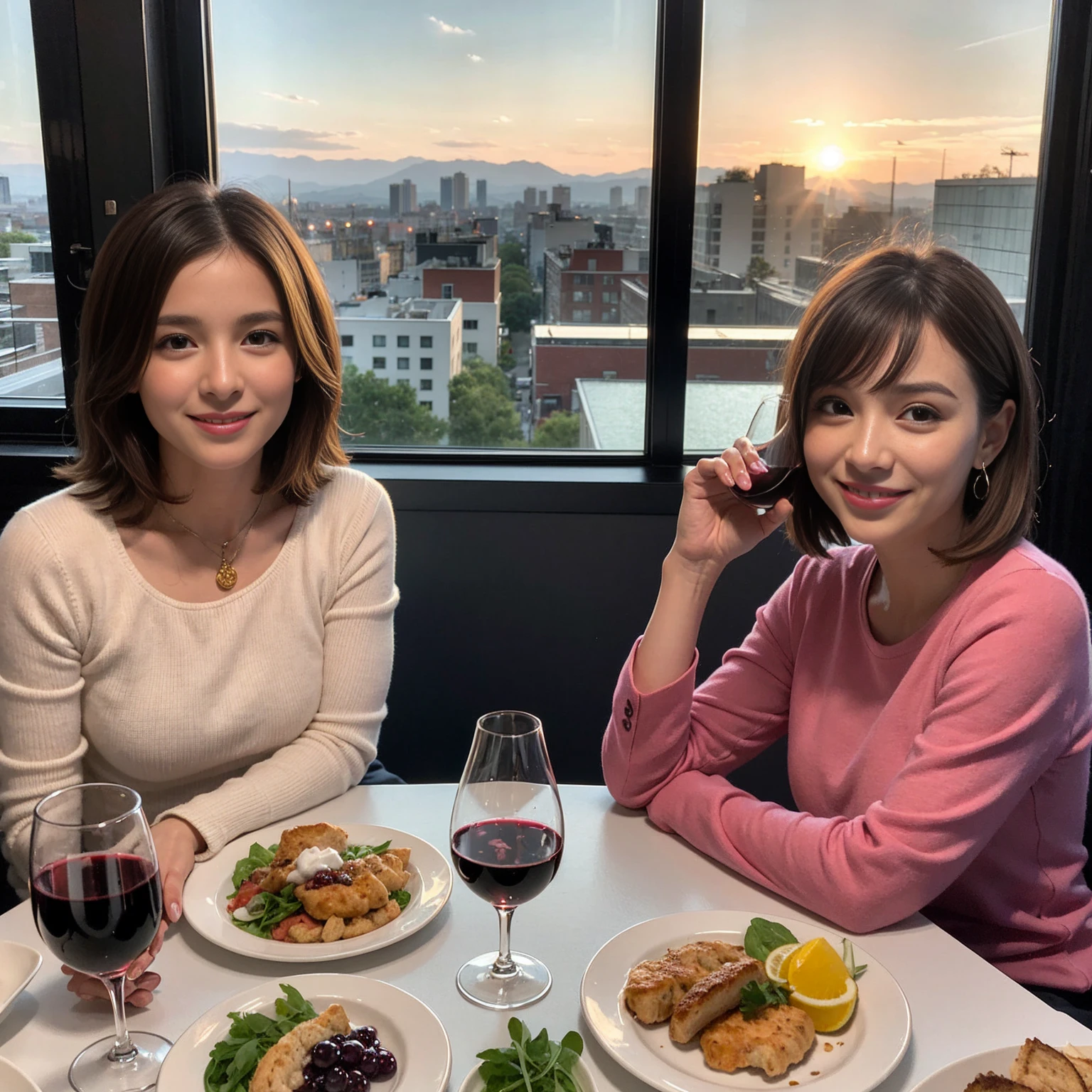 ((Highest quality、8K、masterpiece:1.3))、 (Ultra-realistic、 Genuine、Bright image、Intricate details:1.2), 最高のsmile、1 male、1 female、Beautiful couple、love love love、spouse、spouse、Good friends、actress couple、smile、Full-course dinner at a packed table、 (Slim face), (the body is slim), (Brown Hair), (short hair), テーブルのwine glass、Please shine a light on my face、 Amazing view of the sunset sky and clouds、 39 years old, red wine 、Appetizers、Wine bottle、sparkling wine、Long sleeve shirt、dress、White wine, red wine, wine glass,