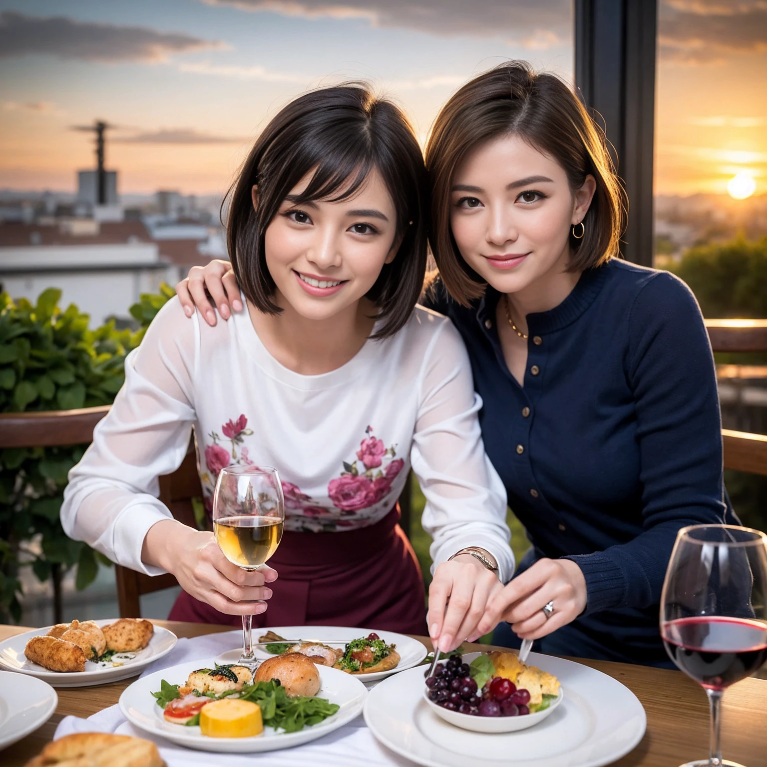 ((Highest quality、8K、masterpiece:1.3))、 (Ultra-realistic、 Genuine、Bright image、Intricate details:1.2), 最高のsmile、1 male、1 female、Beautiful couple、love love love、spouse、spouse、Good friends、actress couple、smile、Full-course dinner at a packed table、 (Slim face), (the body is slim), (Brown Hair), (short hair), テーブルのwine glass、Please shine a light on my face、 Amazing view of the sunset sky and clouds、 39 years old, red wine 、Appetizers、Wine bottle、sparkling wine、Long sleeve shirt、dress、White wine, red wine, wine glass,