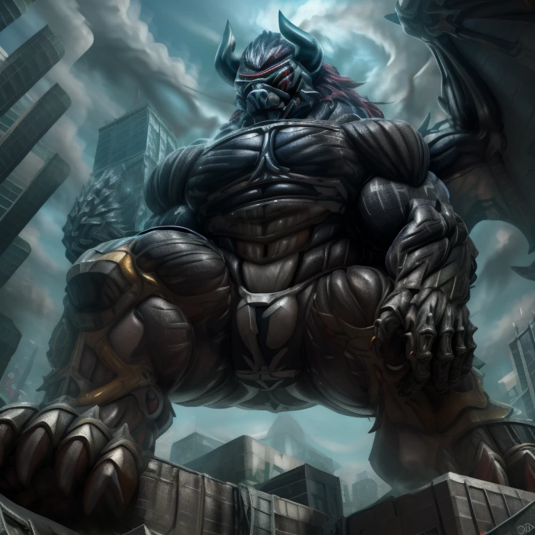 (masterpiece. official art. 8k. best quality. detailed full body. full body.)
(situation 1 : dominating demon lord dragon batzz. focus GIANT mechanical Muscular demon lord dragon batzz is trampling the CITY. macro. stomp. Low-angle perspective. emphasizing the immense size. The perspective is from below, emphasizing the sheer majesty and power of the Giant. giant art. He is much bigger than a skyscraper. Giga Giants. micro soccer field. looking down.)

(situation 2 :smoke and flames rising from the destruction in the city)

(Additional details 1: wearing a full-face helmet. helmet is jet black. The color of NANOSUIT is jet black. high-tech bio-mecha armor. real texture material. whole body shines like metal. Wearing cyberpunk mecha. emphasizes the muscles. suit fully made of metal. intricate armor. Robotic suit. suit fully made of metal. NANOSUIT with the same design as demon lord dragon batzz.). (demon lord dragon batzz has 5 toes.)

(Additional details 2: (Detailed head. Detailed Body. Detailed abs. gigantic muscles. HYPER MUSCLES. Gigachad Muscular. big muscle. pecs. triceps. traps. unusually developed muscular body. body full of huge muscles. showing off muscles. pectorales enormes. Exaggeratedly huge muscles. huge muscles. long legs.).

(Additional details 3: nj5furry, Spread wings. It has wings. black have big wings. The claws are sharp. Sharp teeth.5 toes.). 