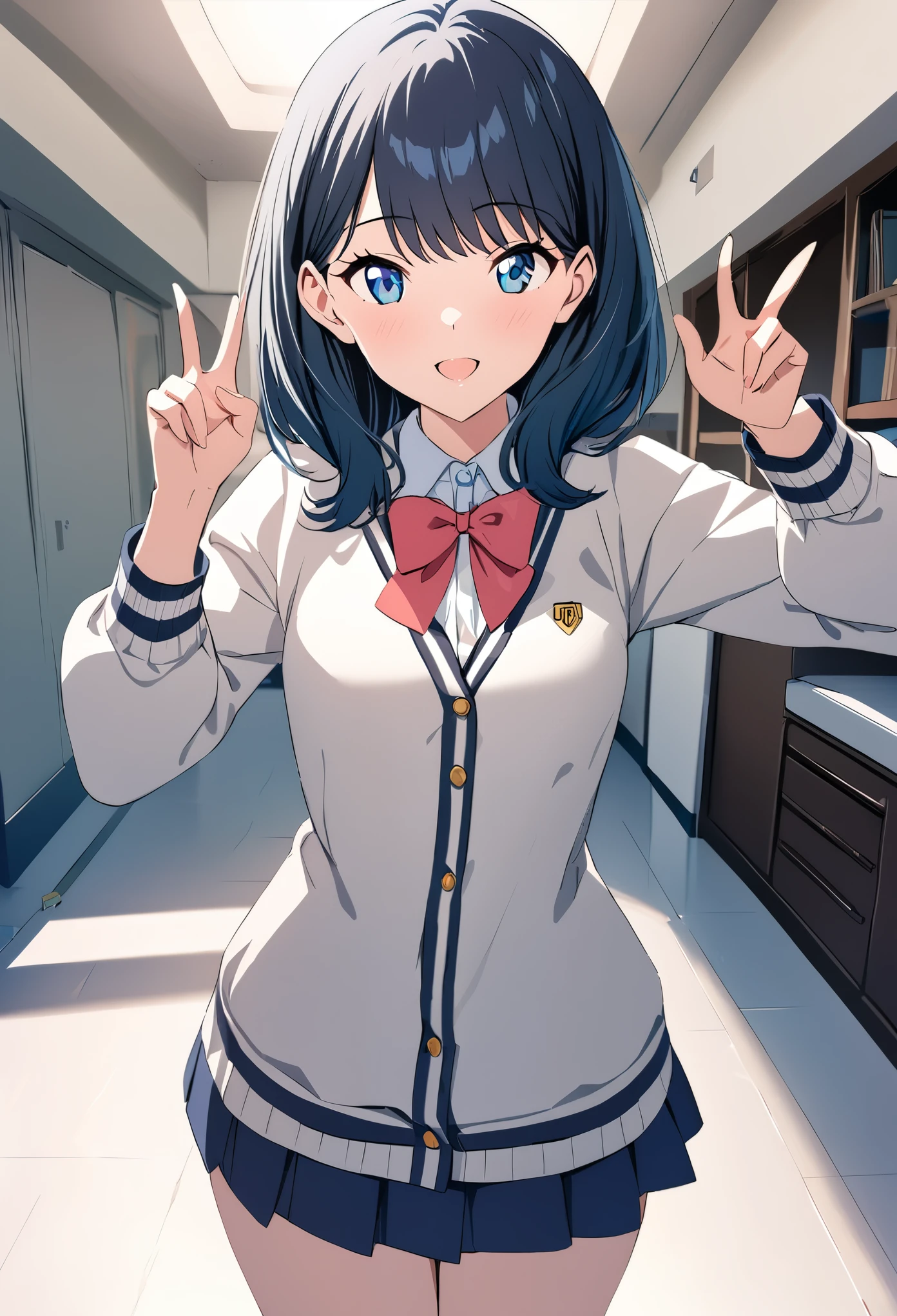 masterpiece,bestquality,1girl, takarada rikka, gridman universe, solo, standing, v pose, happy, looking at viewer, indoors, cinematic angle