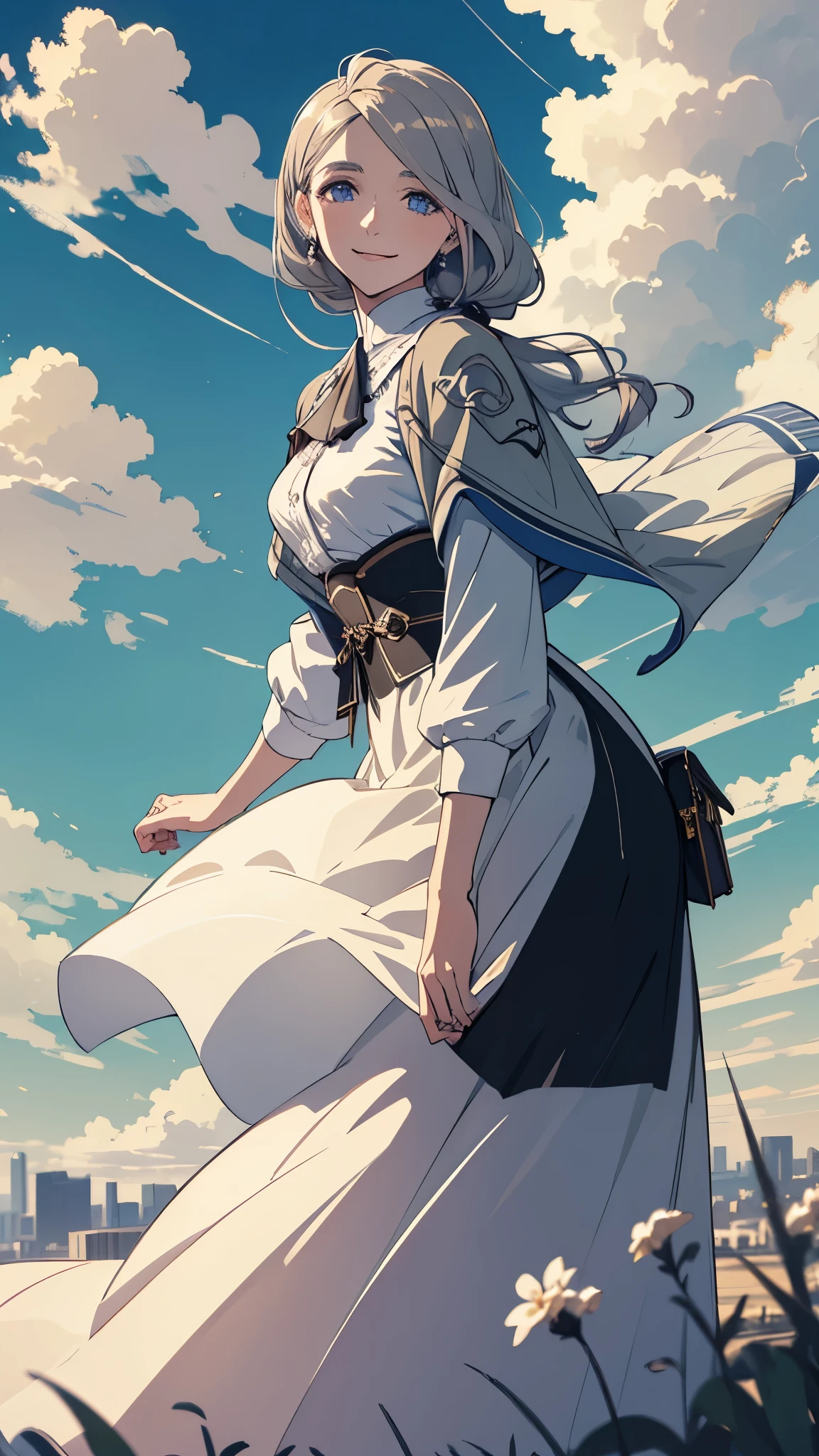 masterpiece, best quality, shawl, Hairpin,shirt,skirt, Sky, cloud, outdoor, Smile, Atmospheric perspective,Fashion pose，Mature and elegant elder sister，only one person