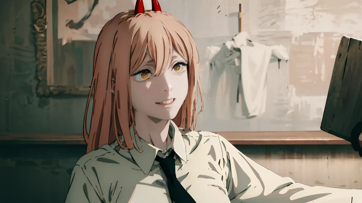 (Best quality), (masterpiece), (only), 1 girl, Maybe_XM, peach hair, yellow eyes, cross-shaped pupils, pupils in the form of symbols, red horns, white button up shirt, black tie, sharp teeth, smile, long hair, whole body