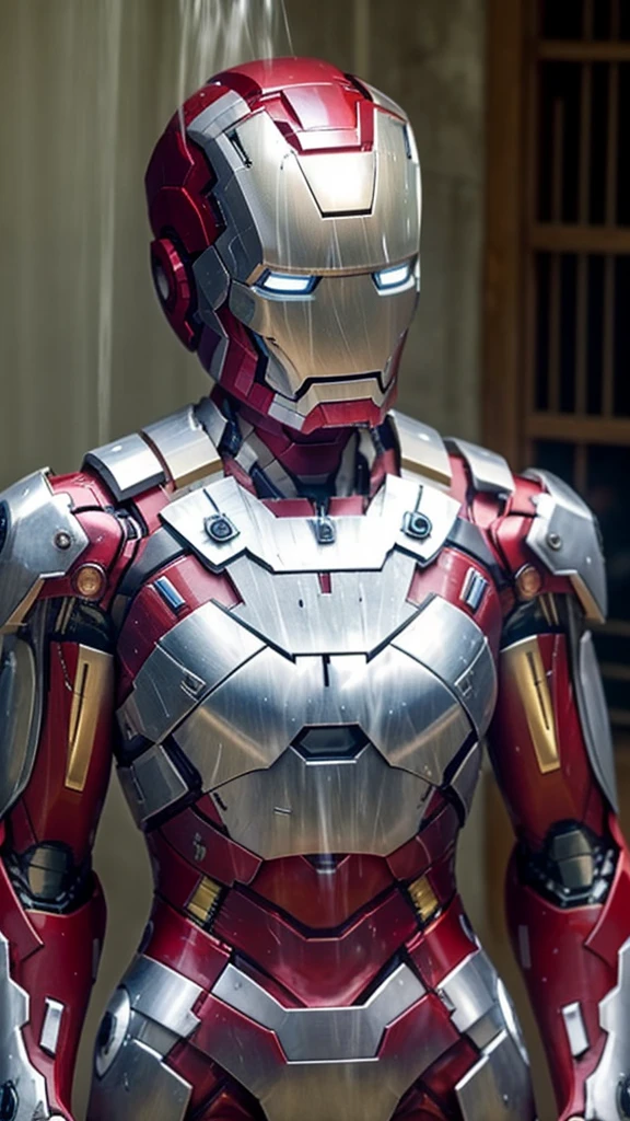 Middle-aged women Sweaty face Soaked Face Painful expression Steam coming out of the head Humidity Only the head is exposed ((Taking off the Iron Man suit)) Steam from the body