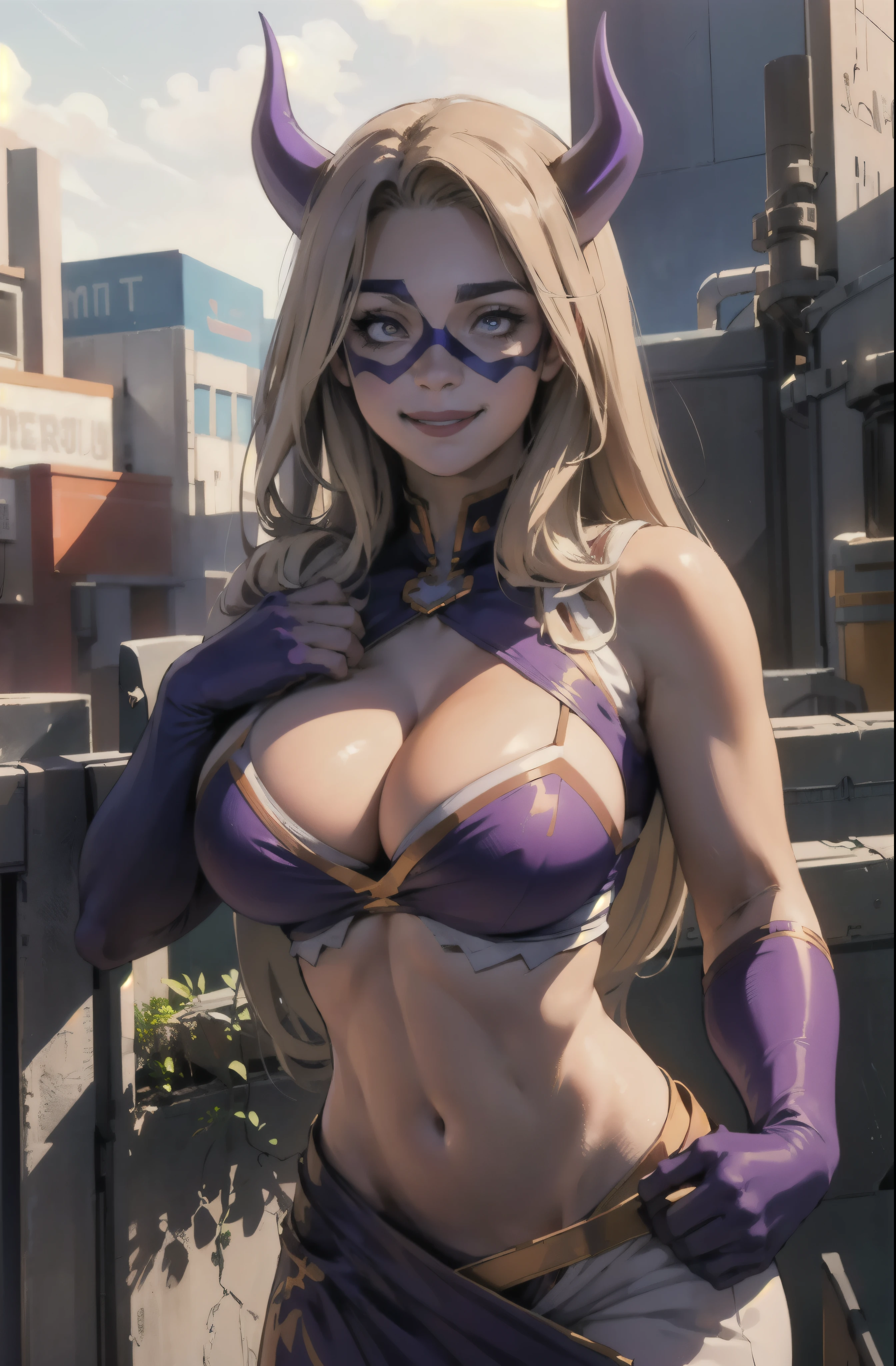 ((Mt Lady costume)), long blonde hair, gigantic breasts, miniature city background, sexy, slender body, tall, looking down at viewer, downshot, smiling seductively, realistic lips, realistic skin, realistic hair, my hero academia, big cleavage, (((realistic eyes))), (purple horns), cinematic, wearing mask