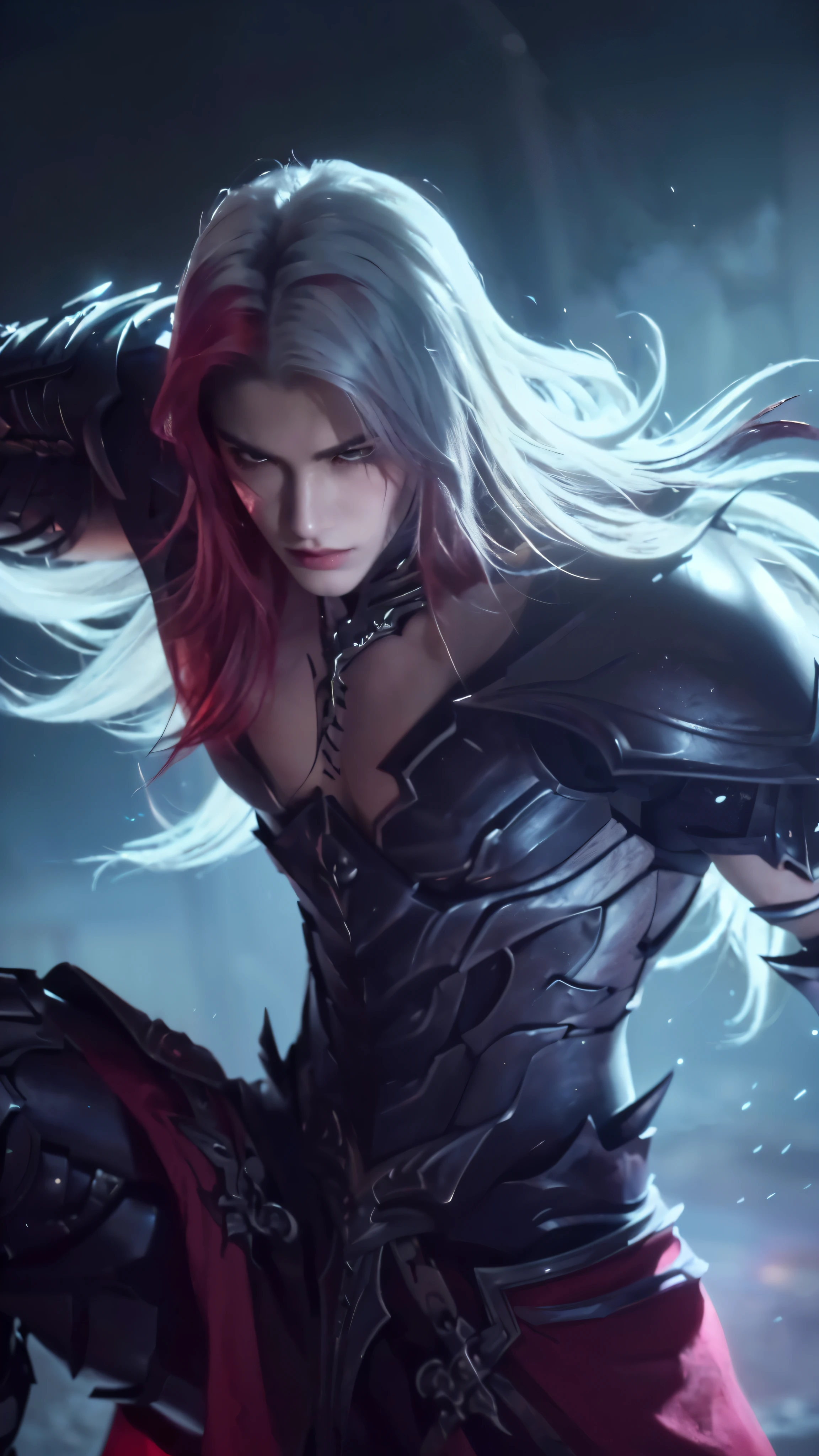 a handsome boy with striking white and red hair,wearing black fit armour,extremely detailed face,piercing eyes,sharp nose,sensual lips,chiseled jawline,muscular physique,son of sparda,photo-realistic portrait,dramatic lighting,cinematic composition,dark fantasy,moody atmosphere,rich color palette,masterpiece