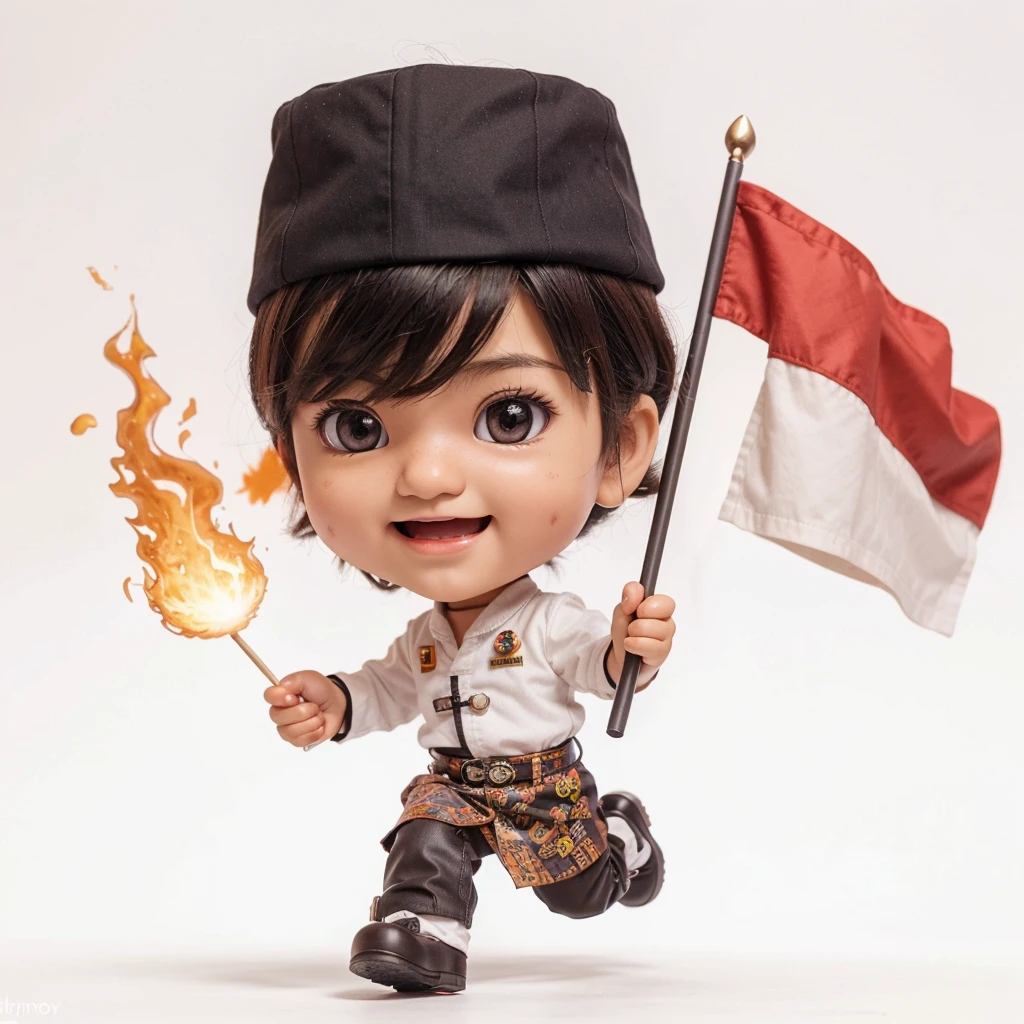 Generate a cute and adorable chibi character, 3d character, male, random hair style, indonesian guerilla army outfit, dark color outfit, random eye color, spirit and happy facial expression, random profession, toy, doll, white background, character print, random camera view, full body, natural light, random pose, medium movement, perfect cinematic lighting, perfect composition, creative theme, vibrant colors.