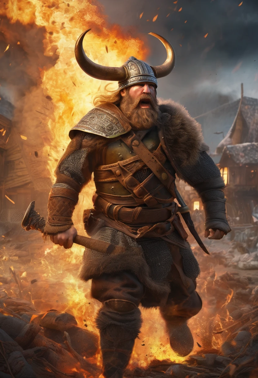 (Award-winning masterpiece:1.5), (incredible detail), (hyper realistic:1.4), (whole body:1.7), (brutal creature tearing through viking defenses), (villagers running in terror), (burning houses), (detailed destruction), (dramatic lighting), (intricate details:1.1)