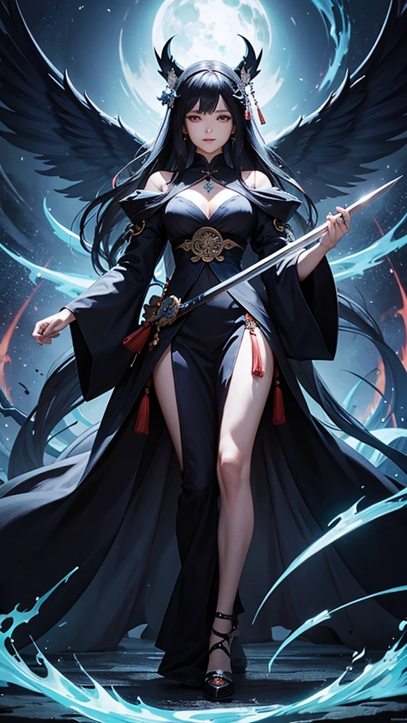 A woman in a dress、Close-up of woman holding sword, dark witch full view, dark witch fullbody pose, Full body fairy, Beautiful full body concept art, Humanity :: witch, A complete portrait of an elementalist, Onmyoji detailed art, witch, feng zhu concept art, Epic and beautiful character art