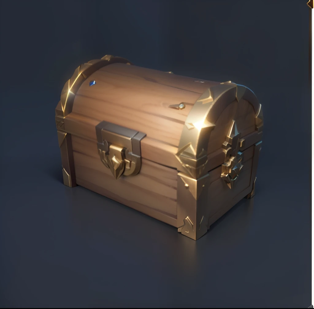 Wood grain treasure  with bronze metal trim，Loot Boxes, Treasure ，A small amount of gold coins and sapphires，Metallic luster，Game assets, Treasure artifact, 3d icons for mobile games，Diablo concept style，