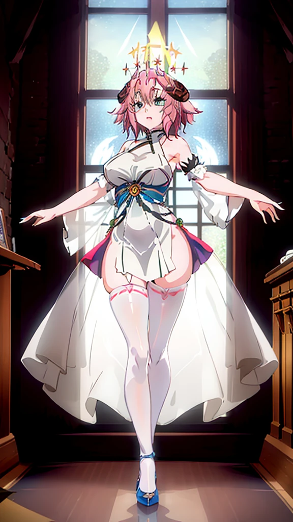 1girl ,20s,light blonde hair,short hair,(yae miko hair style),white high heels,white pantyhose,sheep ears, curled horns,church, stained glass, in a glowing dress, fantastical, illuminated, serene, majestic, colorful, reflective, ethereal, spiritual, tranquil, vibrant, intricate, patterned, ornate, mystical, elegant, shimmering, radiant, graceful, peaceful, historic, sacred, artistic, dreamy, whimsical, solemn, enchanting, divine