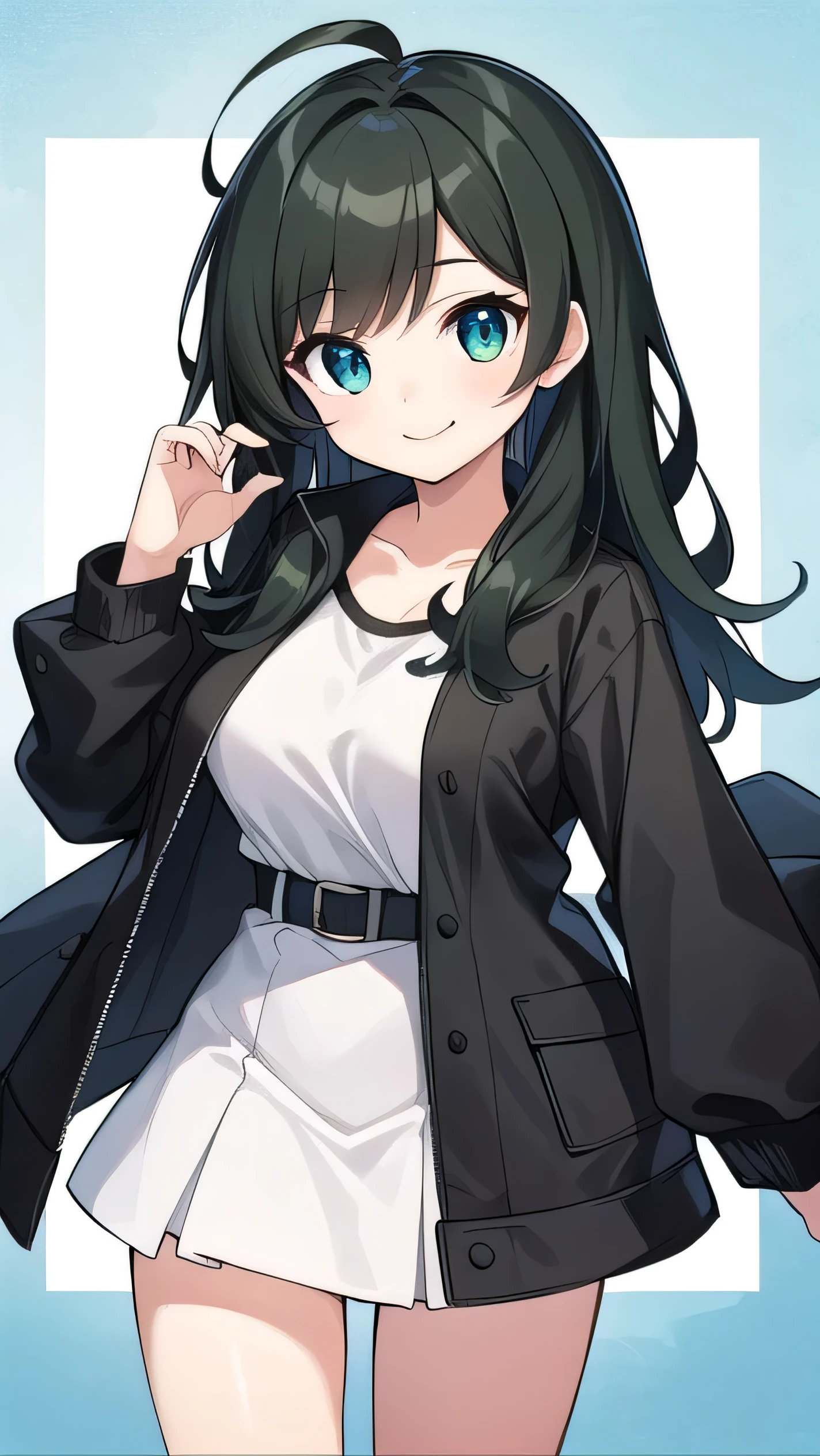 high schoolooks like an elementary school st short, 140 cm tall, black slight green tinge, short ahoge, beautiful long hair but with a little hair sticking out, beautiful round eyes, blue eyes, smile, boyish, big breasts, long hair, childish face, gentle smile, a little shy, black hair with a slight green tinge, boyish, gentle smile, jacket one size larger, ( Deep greenish black hair: 1.3)