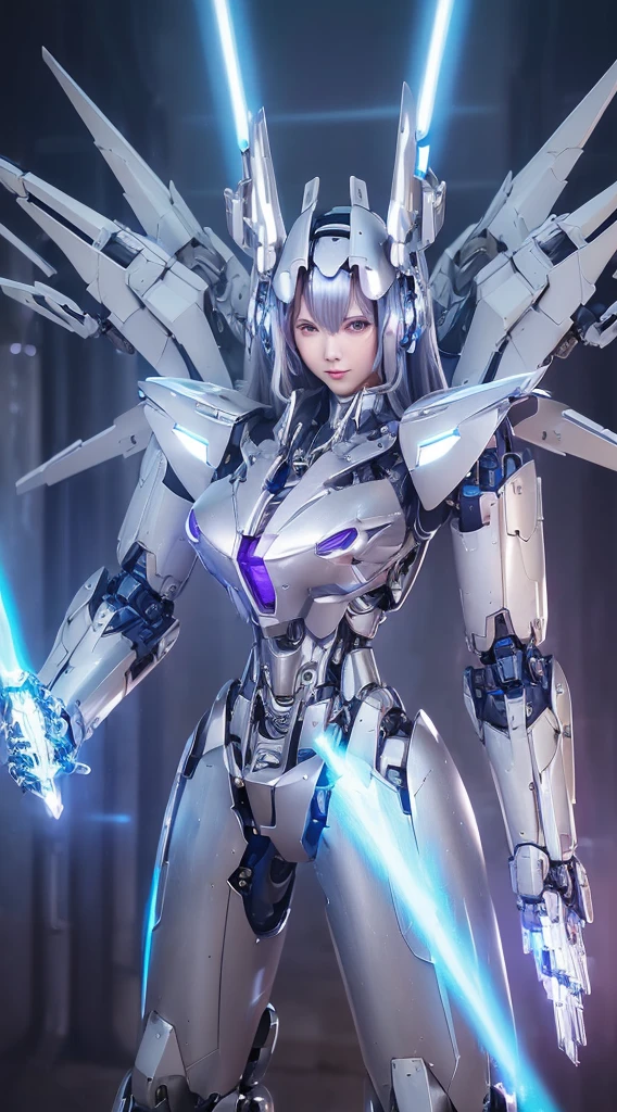 ((Intense action pose:1.6))、((Shining lenses on both breasts:1.3))、((Blue pillars of light are emanating from both chests.:1.3))、smile、((8K)), ((32k)), ((Highest quality)), ((masterpiece)), ((超A high resolution)), ((Tmasterpiece)), ((Halation:1.4))、((Mechaニカルheadgear:1.2))、((Cyber headphones:1.3))、Fine skin, High quality fabric, Fine metal texture、((Beautiful and dense face))、RAW Photos、Professional, Ultra-fine painting, ((alone)), Beautiful breasts、Highest quality, Very detailed, Very detailed詳細, Finer details, so beautiful, ((Princess Knight Robot:1.2)), (Joints of machines, Mechanical Limbs:1.3), (The internal structure of the machine is exposed:1.3), (Long silver hair:1.1), (Beautiful and huge mechanical breasts)、White Veil, cowboy_shot, Side Focus, headgear, Shiny、(Five Fingers, Four fingers and thumb),Concept Art, Anime fantasy artwork, Detailed fantasy art, (with pale blue-violet hair and large white wings,,,,,,,), (((Long silver hair))), (Mecha:1.6)、Sleek and intimidating design, ((Commander-in-Chief'arm)), (Perfect robot body)、純白と青紫armまたは, Symmetrical wings, 8K high quality, detailed art, 3D rendering of character art in 8K, neat legs, Defined, Defined fingers,