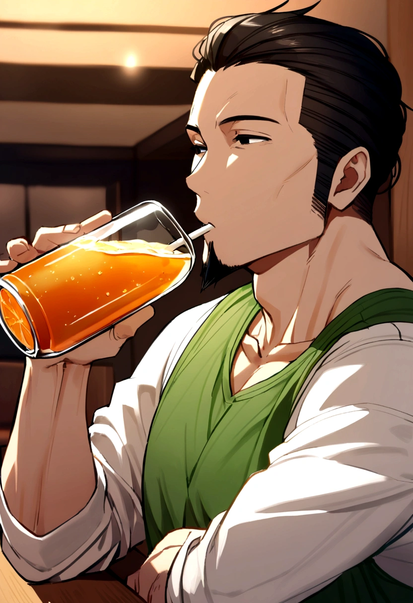 40 year old man, long black hair and slightly curly shoulder length, dull black eyes, goatee, green tank top, white shirt inside. drinking