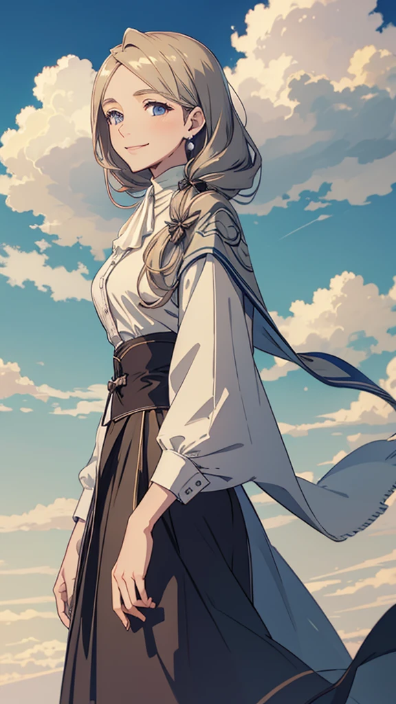 masterpiece, best quality, shawl, Hairpin,shirt,skirt, Sky, cloud, outdoor, Smile, Atmospheric perspective,Fashion pose，Mature and elegant elder sister，only one person