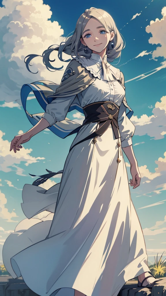 masterpiece, best quality, shawl, Hairpin,shirt,skirt, Sky, cloud, outdoor, Smile, Atmospheric perspective,Fashion pose,Mature and elegant elder sister,only one person