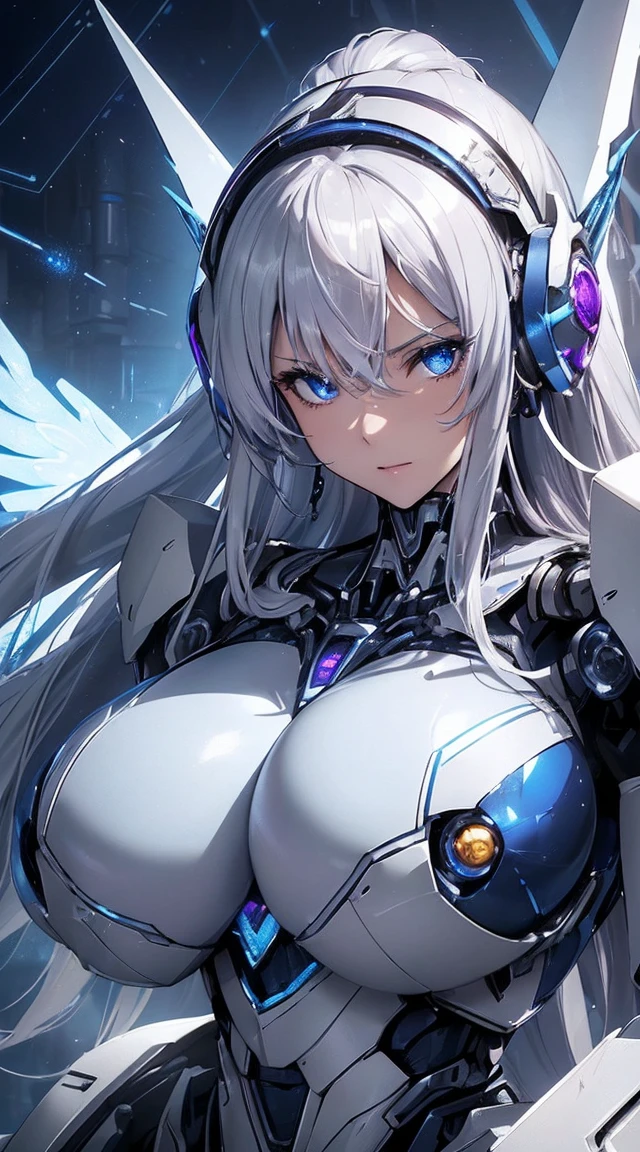((Extreme close up:1.6))、(((Lenses shining on both :1.3)))、((Blue pillars of light radiate from both of his chests..:1.3))、break、(((Dynamic pose:1.8)))、smile、((8K)), ((32k)), ((Highest quality)), ((masterpiece)), ((超A high resolution)), ((Tmasterpiece)), ((Halation:1.4))、((Mechaニカルheadgear:1.2))、((Cyber headphones:1.3))Fine skin, High quality fabric, High-quality metal texture、((Beautiful and dense face))、RAW Photos、Professional, Ultra-fine painting, ((alone)), Beautiful 、Highest quality, Very detailed, Very detailed詳細, Finer details, so beautiful, ((Princess Knight Robot:1.2)),  (Joint of the machine, Mechanical Limbs:1.3), (The internal structure of the machine is :1.3), (Long silver hair:1.1), (Beautiful and huge mechanical )、White Veil, cowboy_shot, Side Focus, headgear, Shiny、(Five Fingers, Four fingers and thumb),Concept Art, Anime fantasy artwork, Detailed fantasy art, (with pale blue-violet hair and large white wings,,,,,,,,), (((Long silver hair))), (Mecha:1.6)、Sleek and intimidating design, ((Commander-in-Chief'arm)), (Perfect robot body)、純白と青紫のarmまたは, Symmetrical wings, 8K High Resolution, Detailed Art, 3D rendering of character art in 8K, neat legs, Defined, Defined fingers,((headshot:1.3))