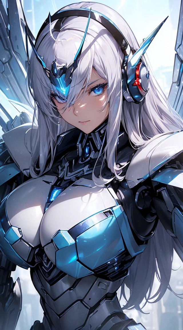 ((Extreme close up:1.6))、(((Lenses shining on both :1.3)))、((Blue pillars of light radiate from both of his chests..:1.3))、break、(((Dynamic pose:1.8)))、smile、((8K)), ((32k)), ((Highest quality)), ((masterpiece)), ((超A high resolution)), ((Tmasterpiece)), ((Halation:1.4))、((Mechaニカルheadgear:1.2))、((Cyber headphones:1.3))Fine skin, High quality fabric, High-quality metal texture、((Beautiful and dense face))、RAW Photos、Professional, Ultra-fine painting, ((alone)), Beautiful 、Highest quality, Very detailed, Very detailed詳細, Finer details, so beautiful, ((Princess Knight Robot:1.2)),  (Joint of the machine, Mechanical Limbs:1.3), (The internal structure of the machine is :1.3), (Long silver hair:1.1), (Beautiful and huge mechanical )、White Veil, cowboy_shot, Side Focus, headgear, Shiny、(Five Fingers, Four fingers and thumb),Concept Art, Anime fantasy artwork, Detailed fantasy art, (with pale blue-violet hair and large white wings,,,,,,,,), (((Long silver hair))), (Mecha:1.6)、Sleek and intimidating design, ((Commander-in-Chief'arm)), (Perfect robot body)、純白と青紫のarmまたは, Symmetrical wings, 8K High Resolution, Detailed Art, 3D rendering of character art in 8K, neat legs, Defined, Defined fingers,((headshot:1.3))