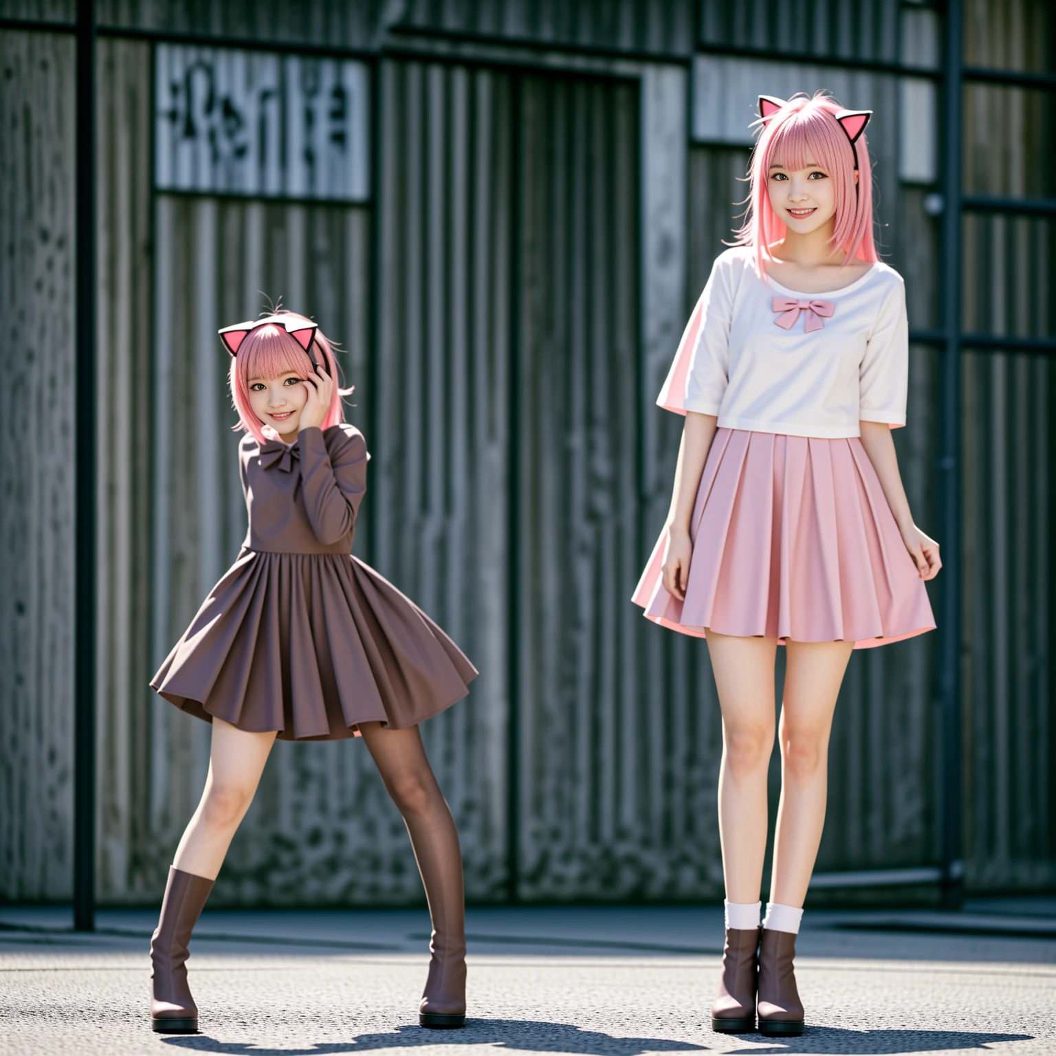 Cat ear　Madoka Magica Cute girl Pink hair Full body standing Smile
