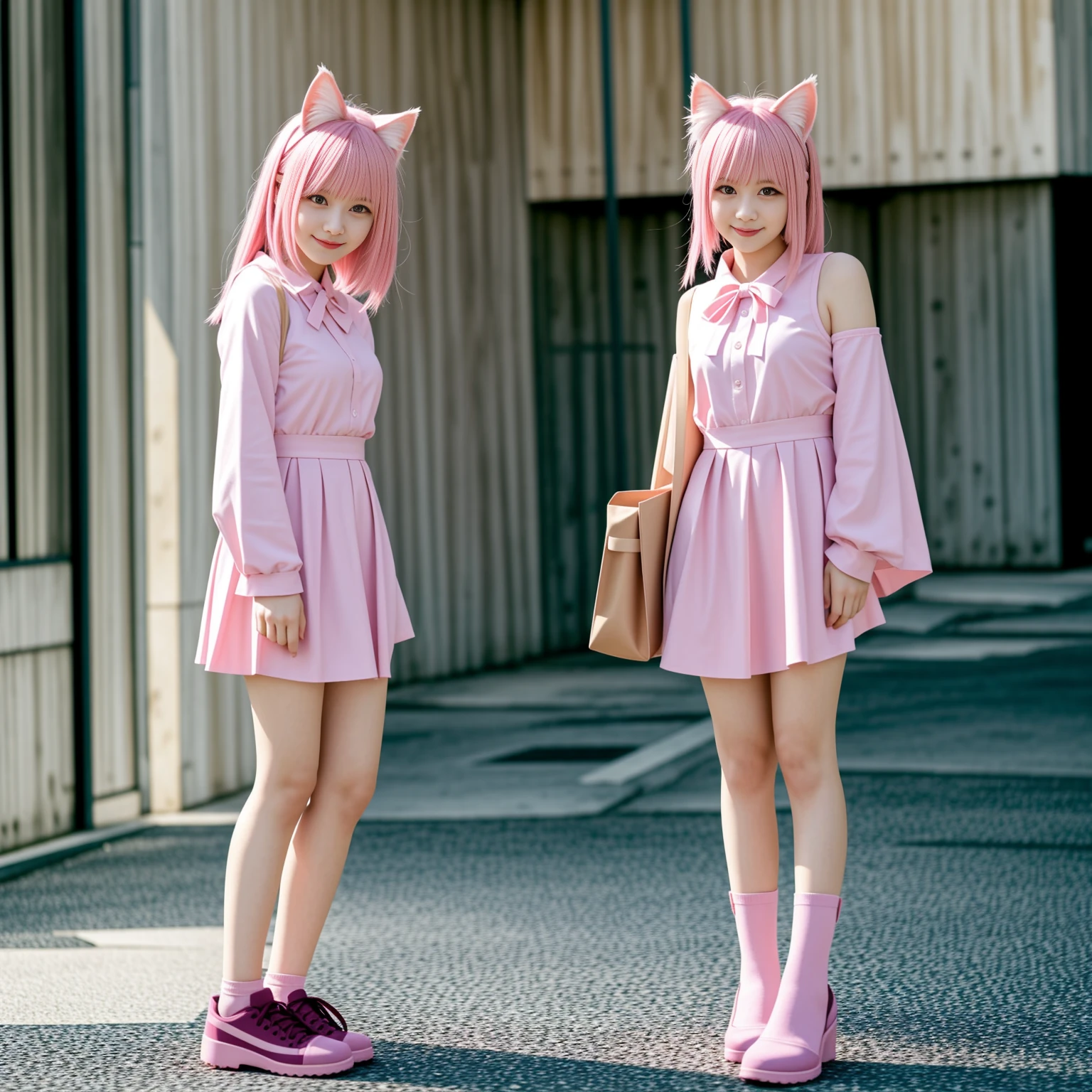 Cat ear Madoka Magica Cute girl Pink hair Full body standing Smile