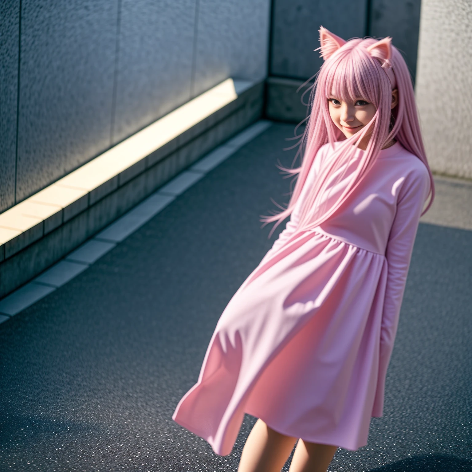 Cat ear　Madoka Magica Cute girl Pink hair Full body standing Smile