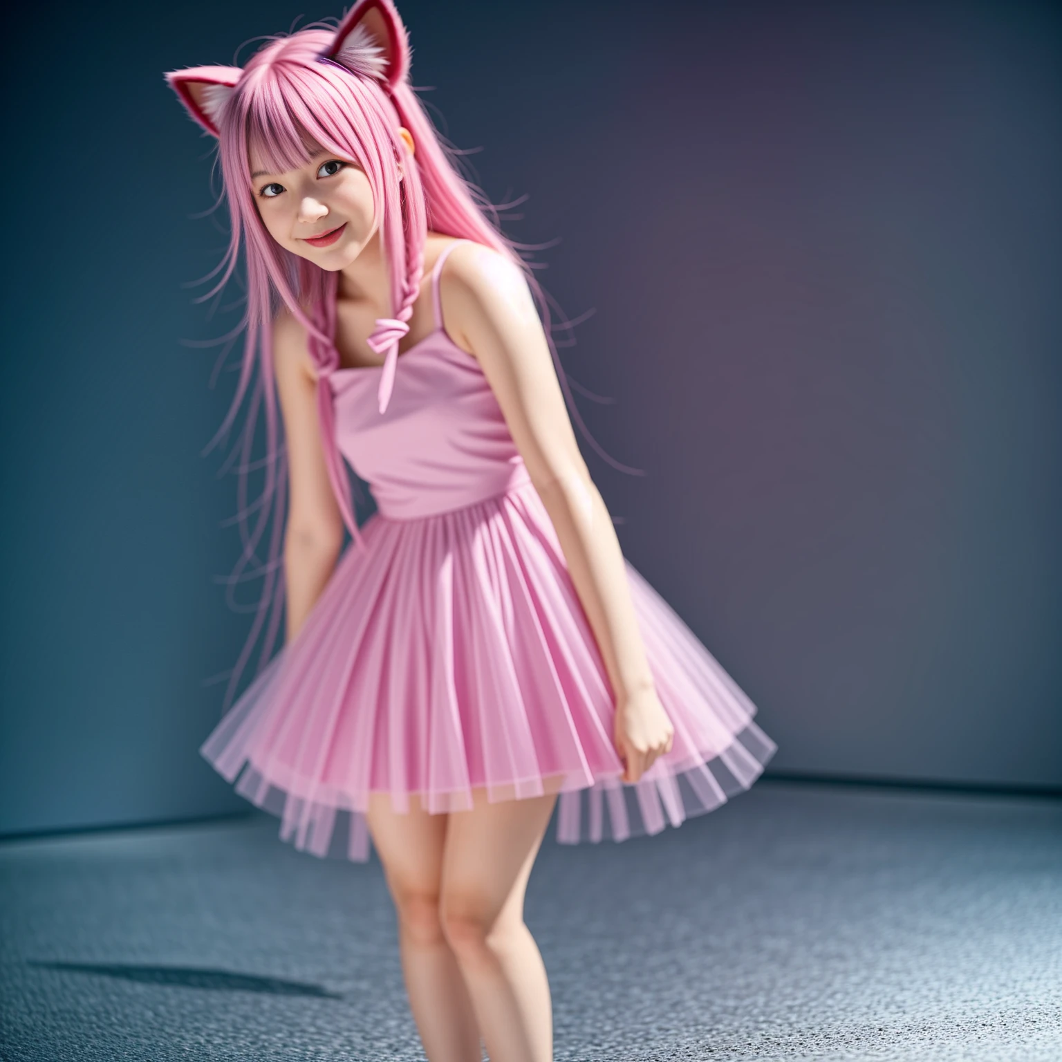 Cat ear　Madoka Magica Cute girl Pink hair Full body standing Smile