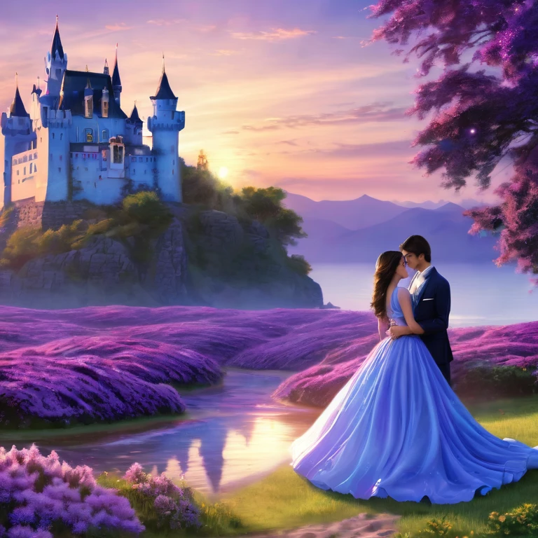 detail, HD quality, couple, romance, blue castle, aster purple, sunset