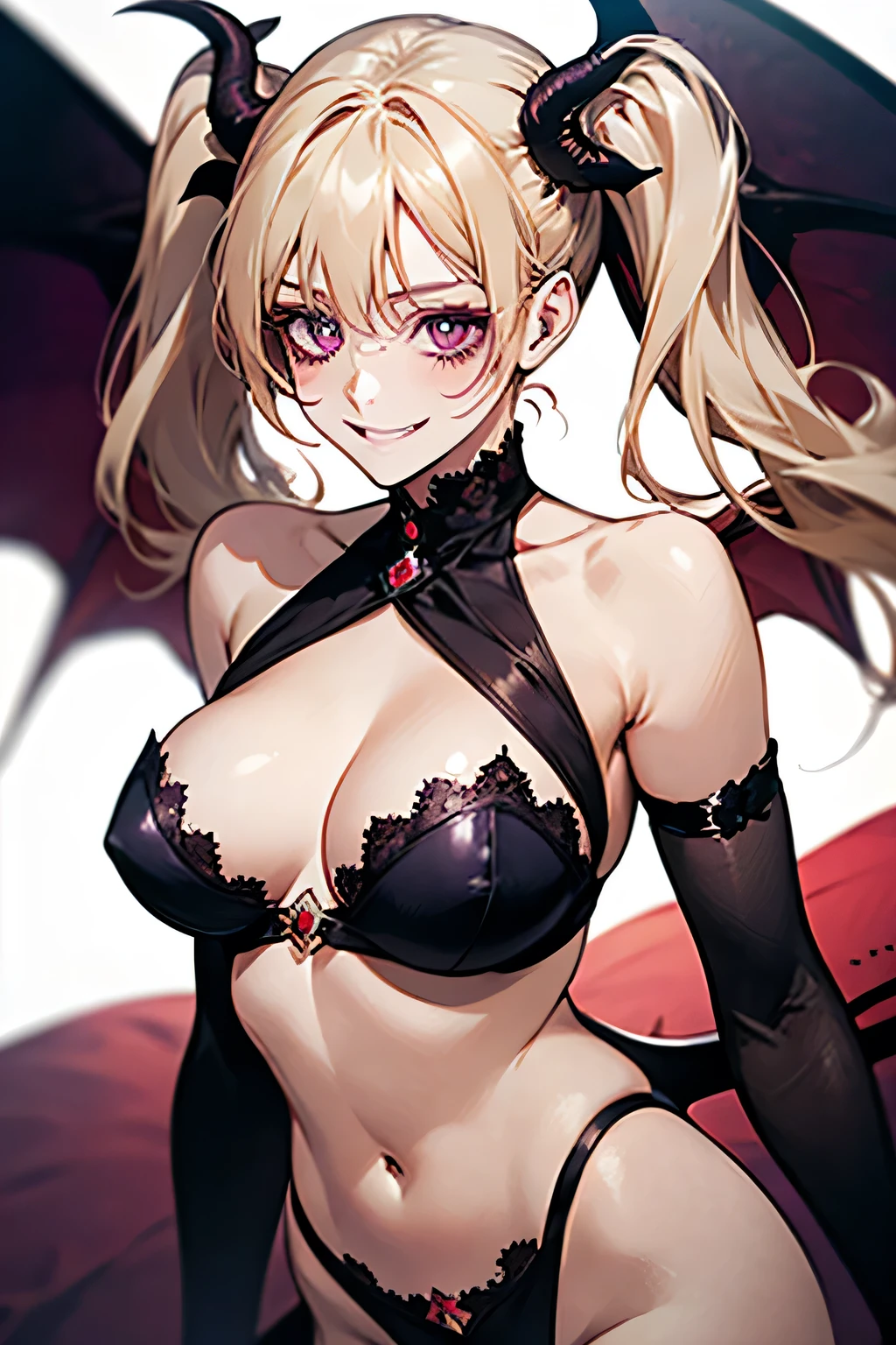 Succubus,Twin tails，Provocative smile，Blonde,Purple devil wings，One devil&#39;s tail.     Full moon in the background.