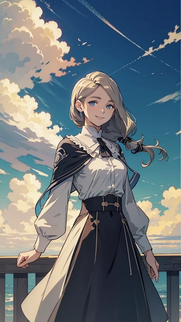 masterpiece, best quality, shawl, Hairpin,shirt,skirt, Sky, cloud, outdoor, Smile, Atmospheric perspective,Fashion pose,Mature and elegant elder sister,only one person