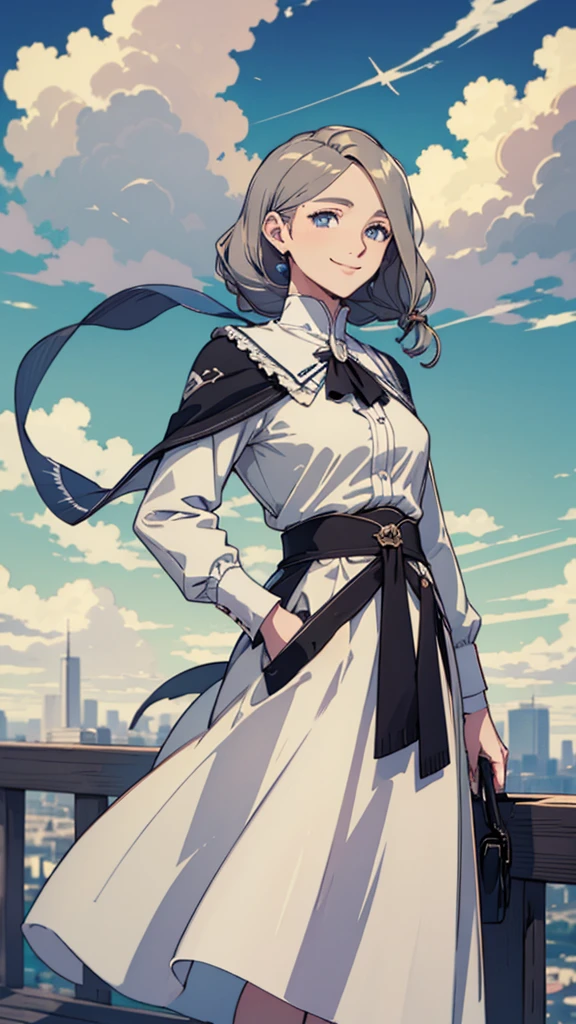 masterpiece, best quality, shawl, Hairpin,shirt,skirt, Sky, cloud, outdoor, Smile, Atmospheric perspective,Fashion pose，Mature and elegant elder sister，only one person