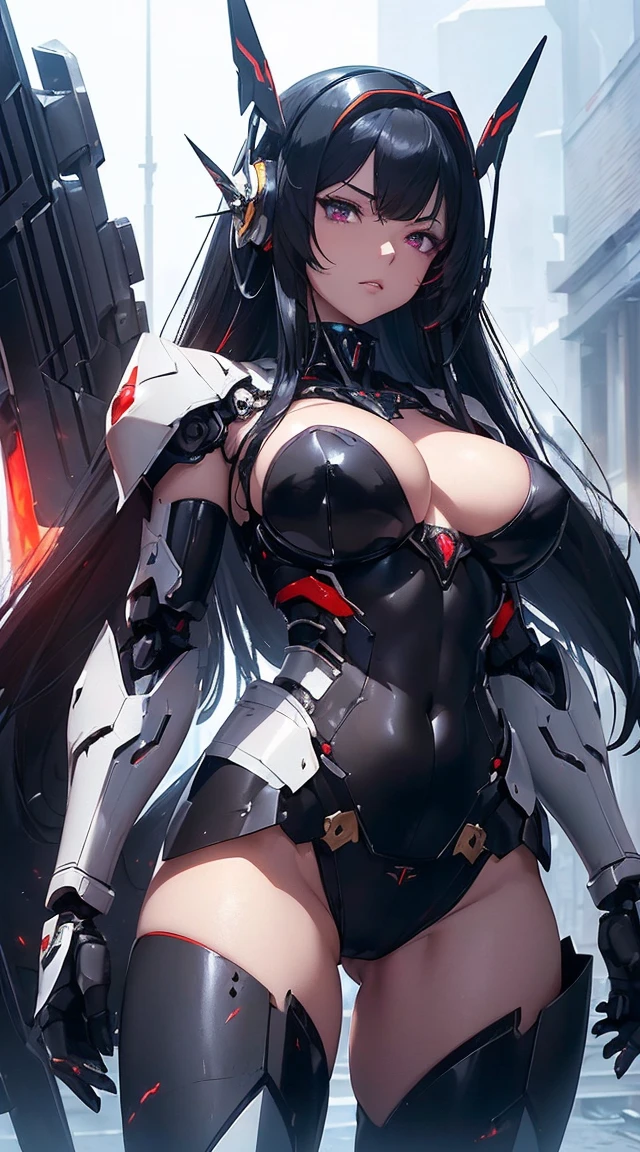 ((Shining lenses on both breasts:1.3))、((Pillars of red light radiate from both chests..:1.3))、((Attack pose:1.6))、((He has a red sword and a long rifle:1.6))、((Battle Scenes:1.8))、((8K)), ((32k)), ((Highest quality)), ((masterpiece)), ((超A high resolution)), ((Tmasterpiece)), ((Halation:1.4))、((Mechaニカルheadgear:1.2))、((Cyber headphones:1.3))Fine skin, High quality fabric, High-quality metal texture、((Beautiful and dense face))、RAW Photos、Professional, Ultra-fine painting, ((alone)), Beautiful breasts、Highest quality, Very detailed, Very detailed詳細, Finer details, so beautiful, ((Black Knight Robot:1.2)),  (Joint of the machine, Mechanical Limbs:1.3), (The internal structure of the machine is exposed:1.3), (Long black hair:1.1), (Beautiful and huge mechanical breasts)、White Veil, cowboy_shot, Side Focus, headgear, Shiny、(Five Fingers, Four fingers and thumb),Concept Art, Anime fantasy artwork, Detailed fantasy art, (Has light blue-purple hair and black wings,,,,,,), (((Long black hair))), (Mecha:1.6)、Sleek and intimidating design,  (Jet black perfect robot body)、Jet black and reddish purple arms, Symmetrical wings, 8K High Resolution, Detailed Art, 3D rendering of character art in 8K, neat legs, Defined, Defined fingers,((headshot:1.6))