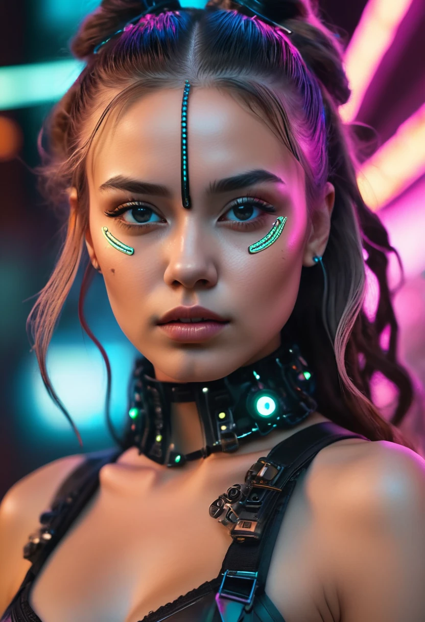 1 girl, of Gabriela, black ribbon design, dutch angle, detailed hair, detailed facial features, detailedeyes, Detailed lips, intricate hairstyle, Long flowing hair, cyber punk, neon lights, glowing neon, dark futuristic city, moody lighting, film composition, dynamic camera angle, hight contrast, bright coloured, (best qualityer,4K,8K,high resolution,work of art:1.2),ultra detali,(realisitic,photorealisitic,photo-realisitic:1.37) , .