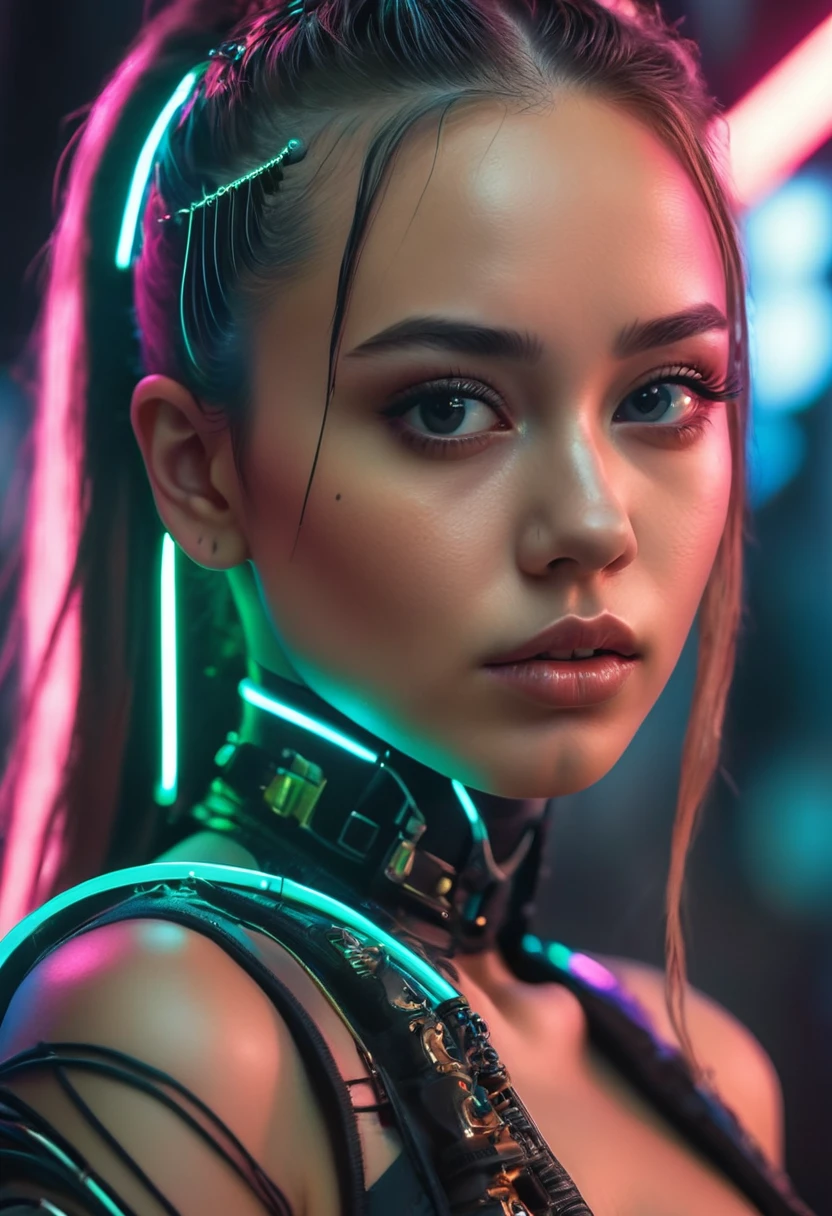 1 girl, of Gabriela, black ribbon design, dutch angle, detailed hair, detailed facial features, detailedeyes, Detailed lips, intricate hairstyle, Long flowing hair, cyber punk, neon lights, glowing neon, dark futuristic city, moody lighting, film composition, dynamic camera angle, hight contrast, bright coloured, (best qualityer,4K,8K,high resolution,work of art:1.2),ultra detali,(realisitic,photorealisitic,photo-realisitic:1.37) , nsfw.