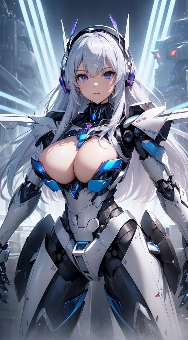 ((Intense action pose:1.6))、((Shining lenses on both breasts:1.3))、((Blue pillars of light are emanating from both chests.:1.3))、smile、((8K)), ((32k)), ((Highest quality)), ((masterpiece)), ((超A high resolution)), ((Tmasterpiece)), ((Halation:1.4))、((Mechaニカルheadgear:1.2))、((Cyber headphones:1.3))、Fine skin, High quality fabric, Fine metal texture、((Beautiful and dense face))、RAW Photos、Professional, Ultra-fine painting, ((alone)), Beautiful breasts、Highest quality, Very detailed, Very detailed詳細, Finer details, so beautiful, ((Princess Knight Robot:1.2)),  (Joints of machines, Mechanical Limbs:1.3), (The internal structure of the machine is exposed:1.3), (Long silver hair:1.1), (Beautiful and huge mechanical breasts)、White Veil, cowboy_shot, Side Focus, headgear, Shiny、(Five Fingers, Four fingers and thumb),Concept Art, Anime fantasy artwork, Detailed fantasy art, (with pale blue-violet hair and large white wings,,,,,,,), (((Long silver hair))), (Mecha:1.6)、Sleek and intimidating design, ((Commander-in-Chief&#39;arm)), (Perfect robot body)、純白と青紫armまたは, Symmetrical wings, 8K high quality, detailed art, 3D rendering of character art in 8K, neat legs, Defined, Defined fingers,