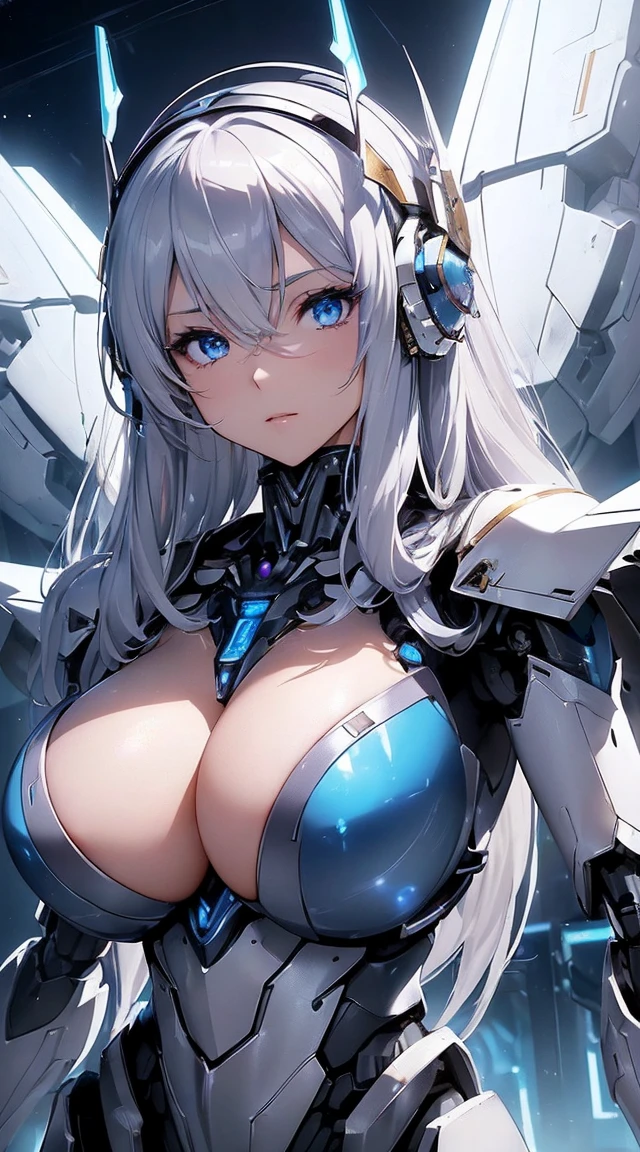 ((Intense action pose:1.6))、((Shining lenses on both breasts:1.3))、((Blue pillars of light are emanating from both chests.:1.3))、smile、((8K)), ((32k)), ((Highest quality)), ((masterpiece)), ((超A high resolution)), ((Tmasterpiece)), ((Halation:1.4))、((Mechaニカルheadgear:1.2))、((Cyber headphones:1.3))、Fine skin, High quality fabric, Fine metal texture、((Beautiful and dense face))、RAW Photos、Professional, Ultra-fine painting, ((alone)), Beautiful breasts、Highest quality, Very detailed, Very detailed詳細, Finer details, so beautiful, ((Princess Knight Robot:1.2)), (Joints of machines, Mechanical Limbs:1.3), (The internal structure of the machine is exposed:1.3), (Long silver hair:1.1), (Beautiful and huge mechanical breasts)、White Veil, cowboy_shot, Side Focus, headgear, Shiny、(Five Fingers, Four fingers and thumb),Concept Art, Anime fantasy artwork, Detailed fantasy art, (with pale blue-violet hair and large white wings,,,,,,,), (((Long silver hair))), (Mecha:1.6)、Sleek and intimidating design, ((Commander-in-Chief'arm)), (Perfect robot body)、純白と青紫armまたは, Symmetrical wings, 8K high quality, detailed art, 3D rendering of character art in 8K, neat legs, Defined, Defined fingers,