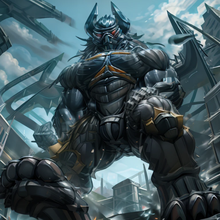 (masterpiece. official art. 8k. best quality. detailed full body. full body.)
(situation 1 : dominating demon lord dragon batzz. focus GIANT mechanical Muscular demon lord dragon batzz is trampling the CITY. macro. stomp. Low-angle perspective. emphasizing the immense size. The perspective is from below, emphasizing the sheer majesty and power of the Giant. giant art. He is much bigger than a skyscraper. Giga Giants. micro soccer field. looking down.)
(situation 2 :smoke and flames rising from the destruction in the city)
(Additional details 1: wearing a full-face helmet. helmet is jet black. The color of NANOSUIT is jet black. high-tech bio-mecha armor. real texture material. whole body shines like metal. Wearing cyberpunk mecha. emphasizes the muscles. suit fully made of metal. intricate armor. Robotic suit. suit fully made of metal. NANOSUIT with the same design as demon lord dragon batzz.). (demon lord dragon batzz has 5 toes.)
(Additional details 2: (Detailed head. Detailed Body. Detailed abs. gigantic muscles. HYPER MUSCLES. Gigachad Muscular. big muscle. pecs. triceps. traps. unusually developed muscular body. body full of huge muscles. showing off muscles. pectorales enormes. Exaggeratedly huge muscles. huge muscles. long legs.).
(Additional details 3: nj5furry, Spread wings. It has wings. black have big wings. The claws are sharp. Sharp teeth.5 toes.).