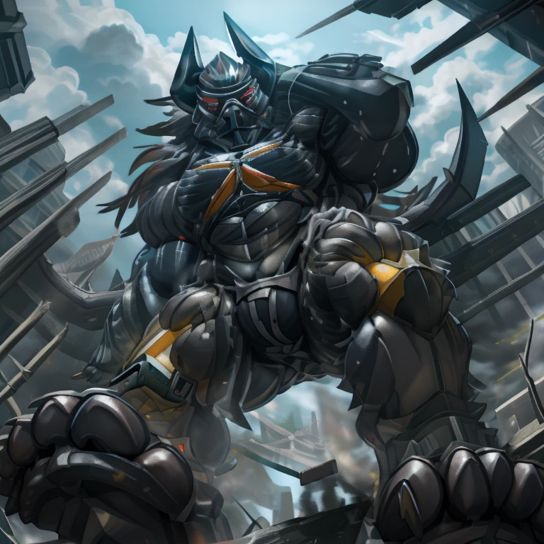 (masterpiece. official art. 8k. best quality. detailed full body. full body.)
(situation 1 : dominating demon lord dragon batzz. focus GIANT mechanical Muscular demon lord dragon batzz is trampling the CITY. macro. stomp. Low-angle perspective. emphasizing the immense size. The perspective is from below, emphasizing the sheer majesty and power of the Giant. giant art. He is much bigger than a skyscraper. Giga Giants. micro soccer field. looking down.)

(situation 2 :smoke and flames rising from the destruction in the city)

(Additional details 1: wearing a full-face helmet. helmet is jet black. The color of NANOSUIT is jet black. high-tech bio-mecha armor. real texture material. whole body shines like metal. Wearing cyberpunk mecha. emphasizes the muscles. suit fully made of metal. intricate armor. Robotic suit. suit fully made of metal. NANOSUIT with the same design as demon lord dragon batzz.). (demon lord dragon batzz has 5 toes.)

(Additional details 2: (Detailed head. Detailed Body. Detailed abs. gigantic muscles. HYPER MUSCLES. Gigachad Muscular. big muscle. pecs. triceps. traps. unusually developed muscular body. body full of huge muscles. showing off muscles. pectorales enormes. Exaggeratedly huge muscles. huge muscles. long legs.).

(Additional details 3: nj5furry, Spread wings. It has wings. black have big wings. The claws are sharp. Sharp teeth.5 toes.). 