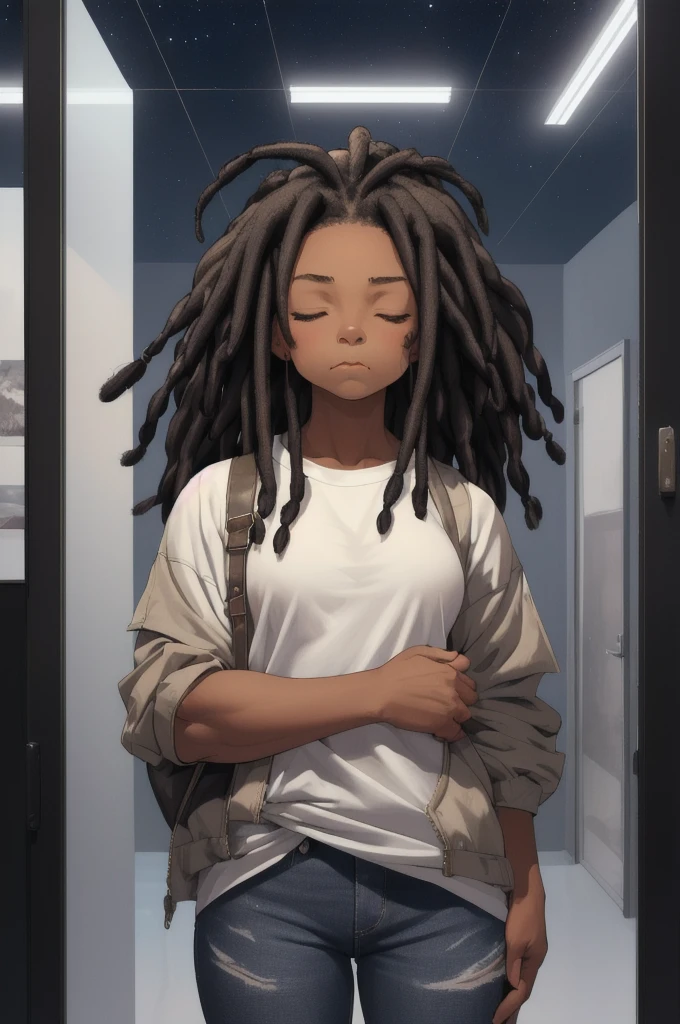 (masterpiece), best quality, (1girl, african American), solo, (closed eyes, natural face, mature female), black hair, locs/dreadlocked hair, muscle growth, indoor, night sky, (standing, looking at viewer), (casual clothing, closed mouth, looking stern)