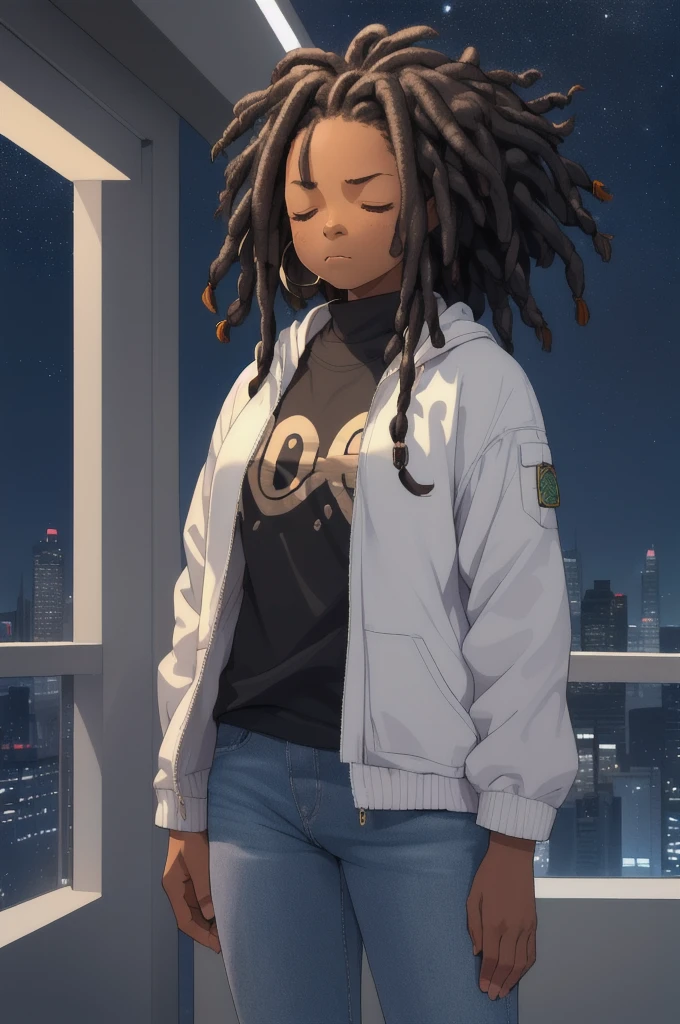 (masterpiece), best quality, (1girl, african American), solo, (closed eyes, natural face, mature female), black hair, locs/dreadlocked hair, muscle growth, indoor, night sky, (standing, looking at viewer), (casual clothing, closed mouth, looking stern)