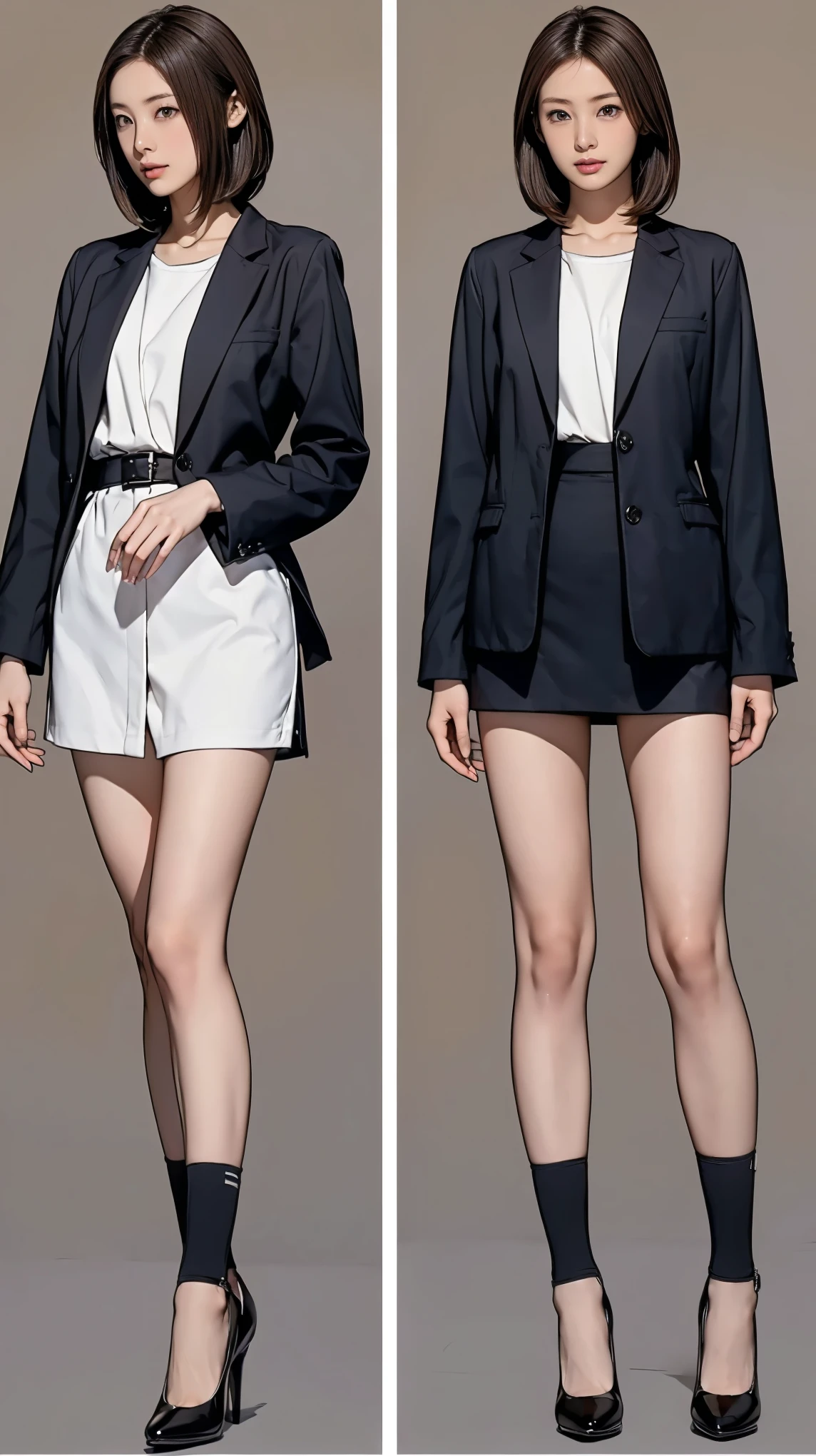 ((masterpiece)),(((Highest quality))),((Character design sheet)),Thin thighs,Long legs,Wearing a black jacket and white shirt、Japanese women leaving the nest,Emi with long black hair:1.3), (Light brown hair:1.3), high waist,Wear black high heels,background is gray,whole body