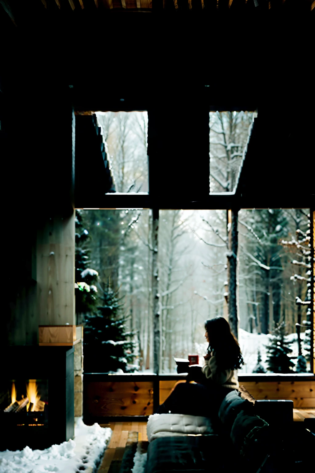 on a snowy winter morning, a modern living room with a girl, with fireplace, bookshelves, benches and large windows, in vray drawing style, organic and natural layout, cabin core, taking Japanese inspiration, subtle brightness, enameled surface, meticulous design. This video has 4K resolution. --ar 16:9