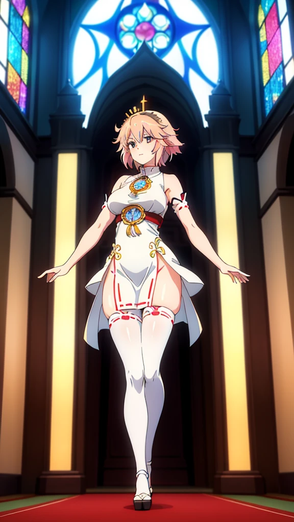 1girl ,20s,light blonde hair,short hair,(yae miko hair style),white high heels,white pantyhose,sheep ears, curled horns,church, stained glass, in a glowing dress, fantastical, illuminated, serene, majestic, colorful, reflective, ethereal, spiritual, tranquil, vibrant, intricate, patterned, ornate, mystical, elegant, shimmering, radiant, graceful, peaceful, historic, sacred, artistic, dreamy, whimsical, solemn, enchanting, divine