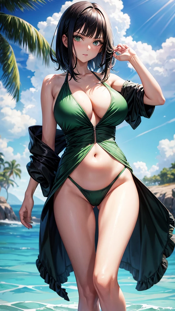 Black hair, green eyes, large breasts, slender, one piece swimsuit