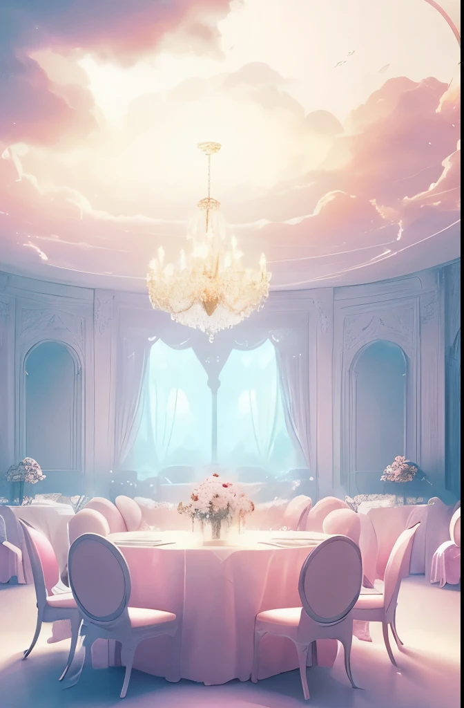 there is a cloud filled room with tables and chairs, ethereal and dreamy theme, dreamy atmosphere and drama, very magical and dreamy, cafe in the clouds, smoke filled room, dreamy ethereal vibe, in the white clouds fairyland, cotton candy clouds, sitting in a fluffy cloud, heaven pink, fancy clouds, beautiful cloudy atmosphere, light pink clouds, dreamy and ethereal