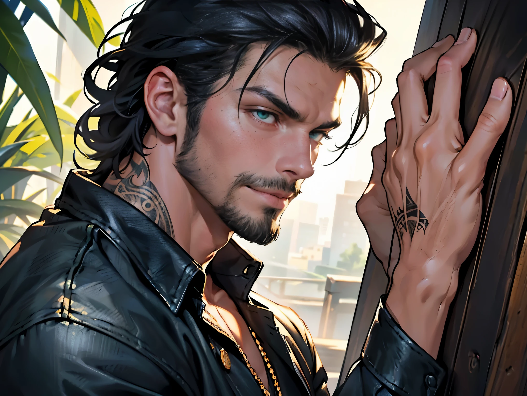 Close-up, Extremely detailed face. Quality (masterpiece1.2), (Best quality), (Intricate details)Male, 6'5, white, built, has big veiny hands. Tattoos that cover his neck, chest, arms, and back. He has well-trimmed facial hair, tan from the sun, groomed body hair on his arms and chest leading to a happy trail, Black hair that is short at the sides and longer at the top, Well-kept, Handsome, thin lips, sharp, defined, square jaw. Dimples, slightly crooked nose. Green eyes with hints of gold in the center. Long eyelashes. Wearing blue jeans, black button-up, silver dog tags, black leather riding boots