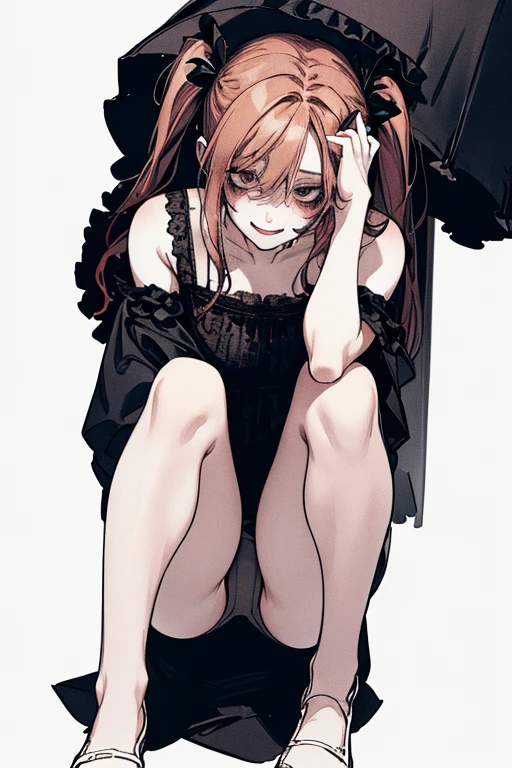 Top Quality, (background detailed), approaching on knees, full body, spread legs, underwear, drooling, high contrast, super beautiful girl, detailed original illustration, sensual, delicate face, attractive, bad girl, sexy, looking at camera, real breasts, twintails, stalker, crazy smile Crazy Eyes, Heads Up, Pale Skin, Bloody, Dark Hair, Yandere, Mine Girl, ta, Beautiful Line Drawing