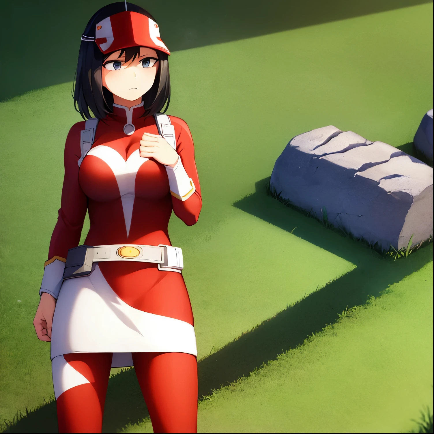 1 girl, alone, yui kodai, artwork, detailed, sharp focus, detailed eyes, looking at viewer, cowboy shot, black horse, medium hair, black eyes, frown, blushing, mouth closed, teacher, best quality, ((cap with visor)), (tight red suit)),((red spandex suit)),(white details),((belt)),long sleeves, ((white skirt)),((white boots) ), large breasts, medium waist, wide hips, medium thighs, round butt, standing, outdoors, school, garden, yard, looking forward, ((focus on breasts)), point of view (from above) , perfect hands, perfect anatomy.