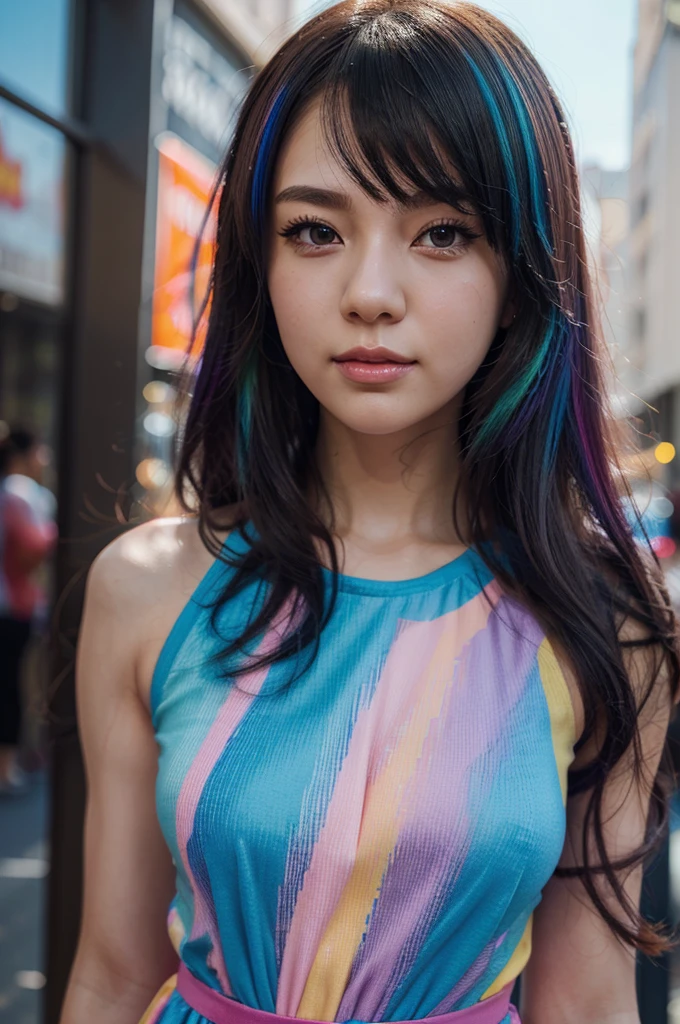 (masterpiece, Highest quality, High resolution:1.4), Completely naked, whole body, One Woman, Long Hair, (Blue Hair:1.0), (Black Hair:1.0), Green Eyes, Multicolored Hair, Gradient Hair, Small breasts, Facing forward, Squatting with legs apart , holding cucumber, night, Hair Clip, bangs,Detailed genitals(The labia minora are open,Semen is dripping from the vaginal opening),anus,Detailed face(Squinting,Mouth open,Frowning),background(In front of Shinjuku Station,Many passersby)