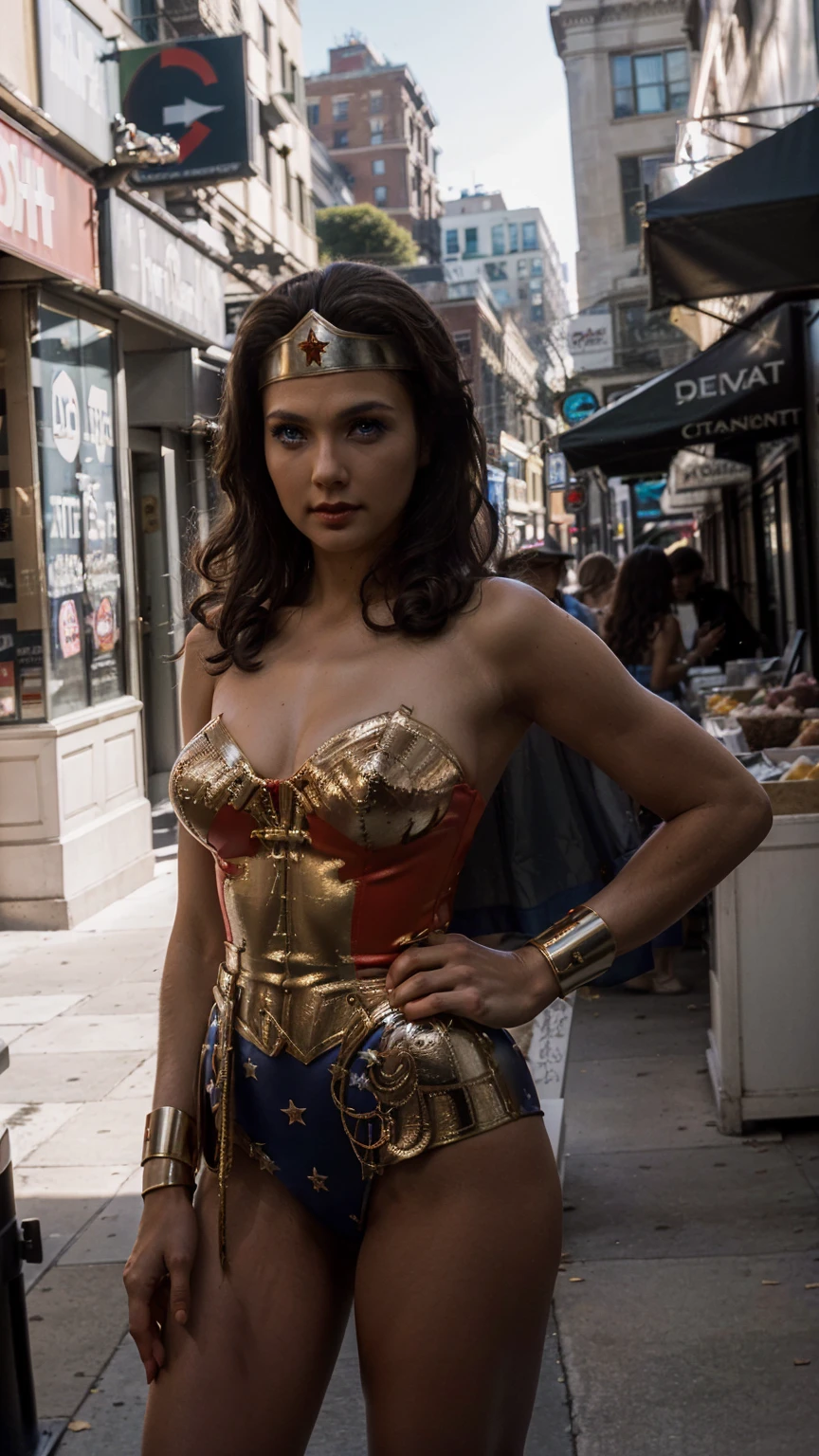 Masterpiece, Best quality, (Solo), (1girl), (photorealistic1.4), (epiCRealLife:1.0), (large breast), (cleave), (European model),, (g4lg4d0t-v2 Gal Gadot). (lynda-carter-ww-costume), (black hair), (blue eyes),  (earring), (demure), (bodysuit),, (tiara), ((armored bands), (red lipstick), , (spotlight), (daytime), (daytlight), (natural light), (bright), (on New York Street), (photoshoot), 